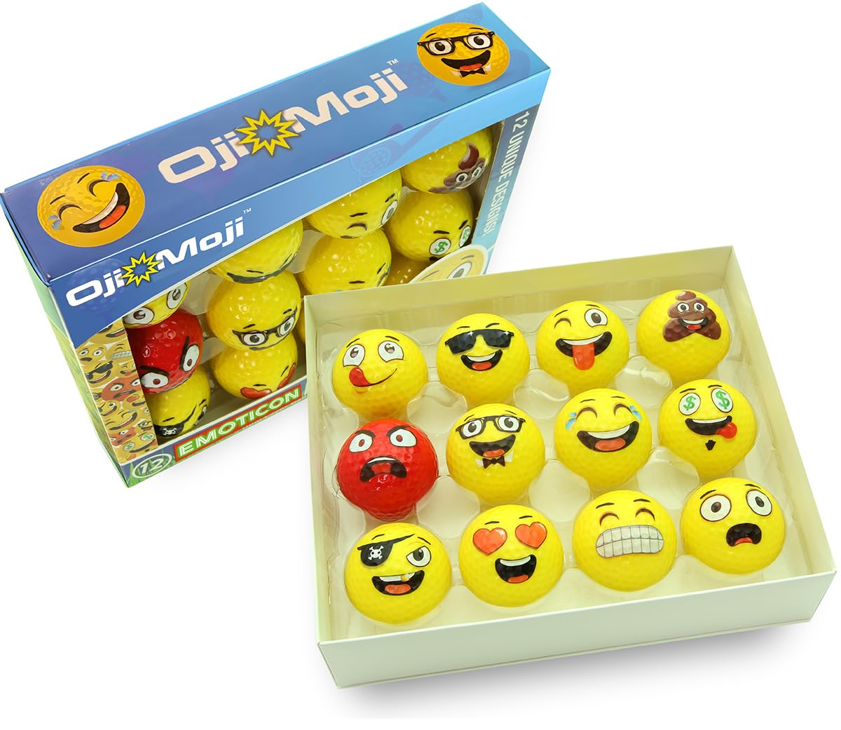 Kids-friendly emoticon golf balls 12-pack by Oji Moji