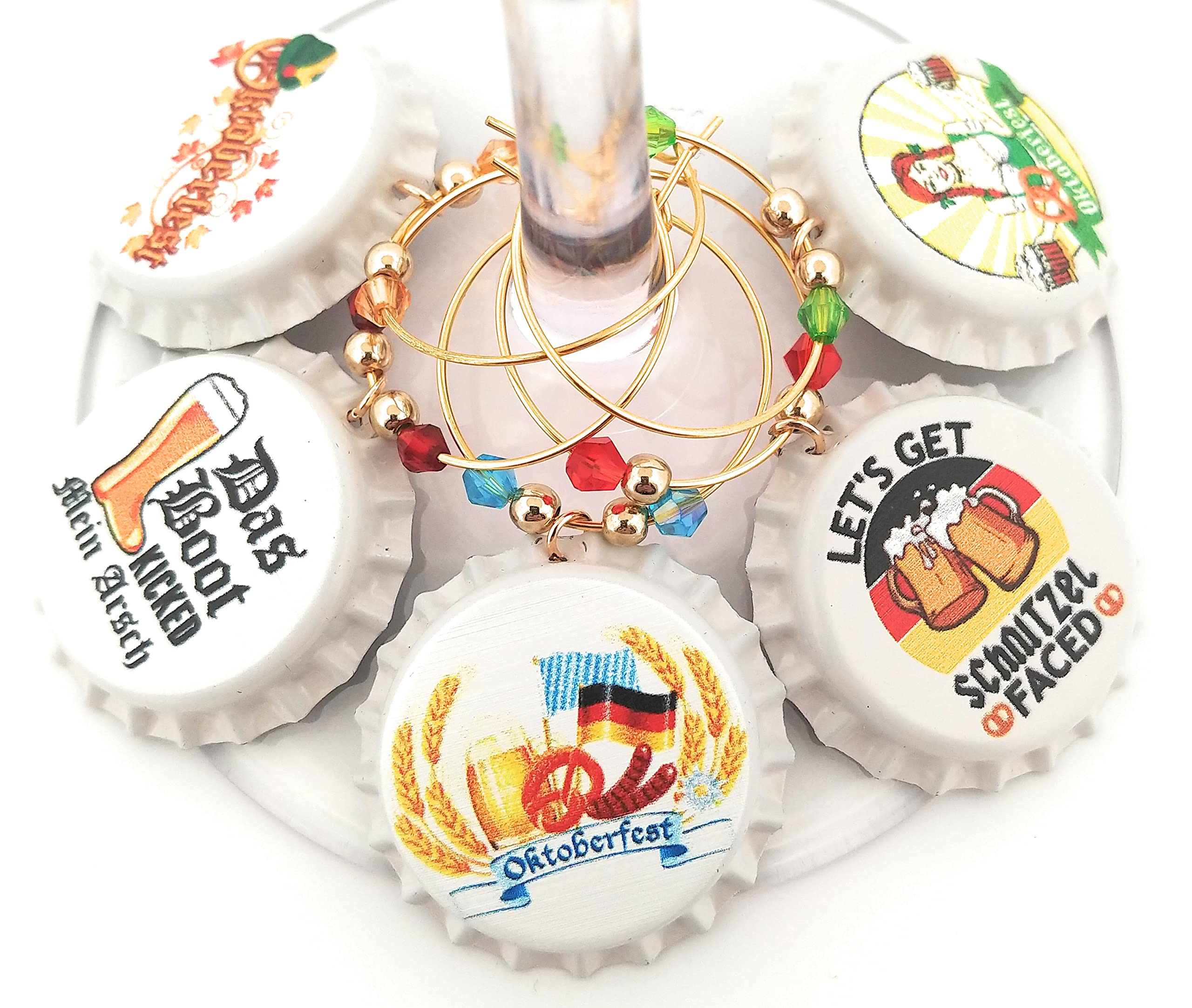 Oktoberfest wine charms on gold tone rings for glass identification
