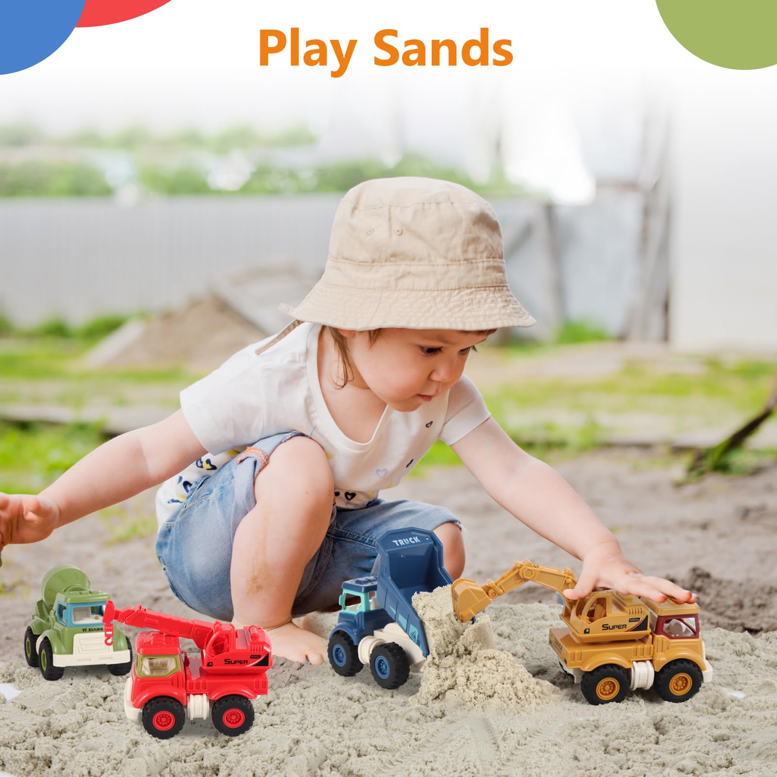 Kids sand play with Olbyefly construction trucks 4-pack
