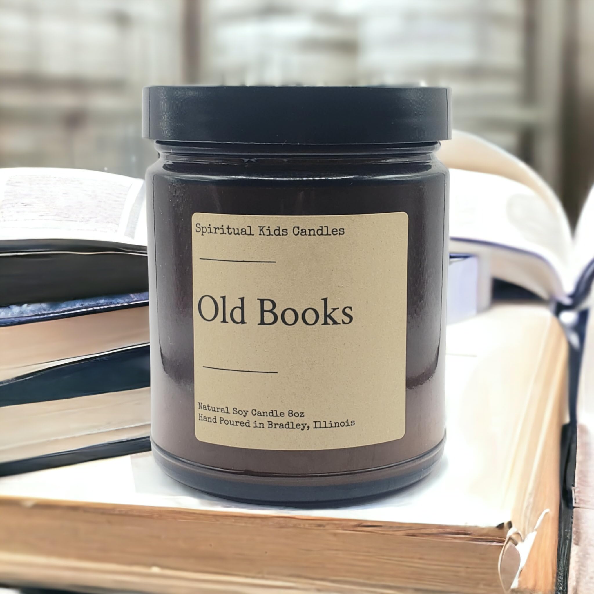 Old Books Soy Candle 8oz leather and cedar scent by Woodsy Candle