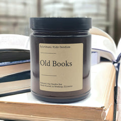 Old Books Soy Candle 8oz leather and cedar scent by Woodsy Candle