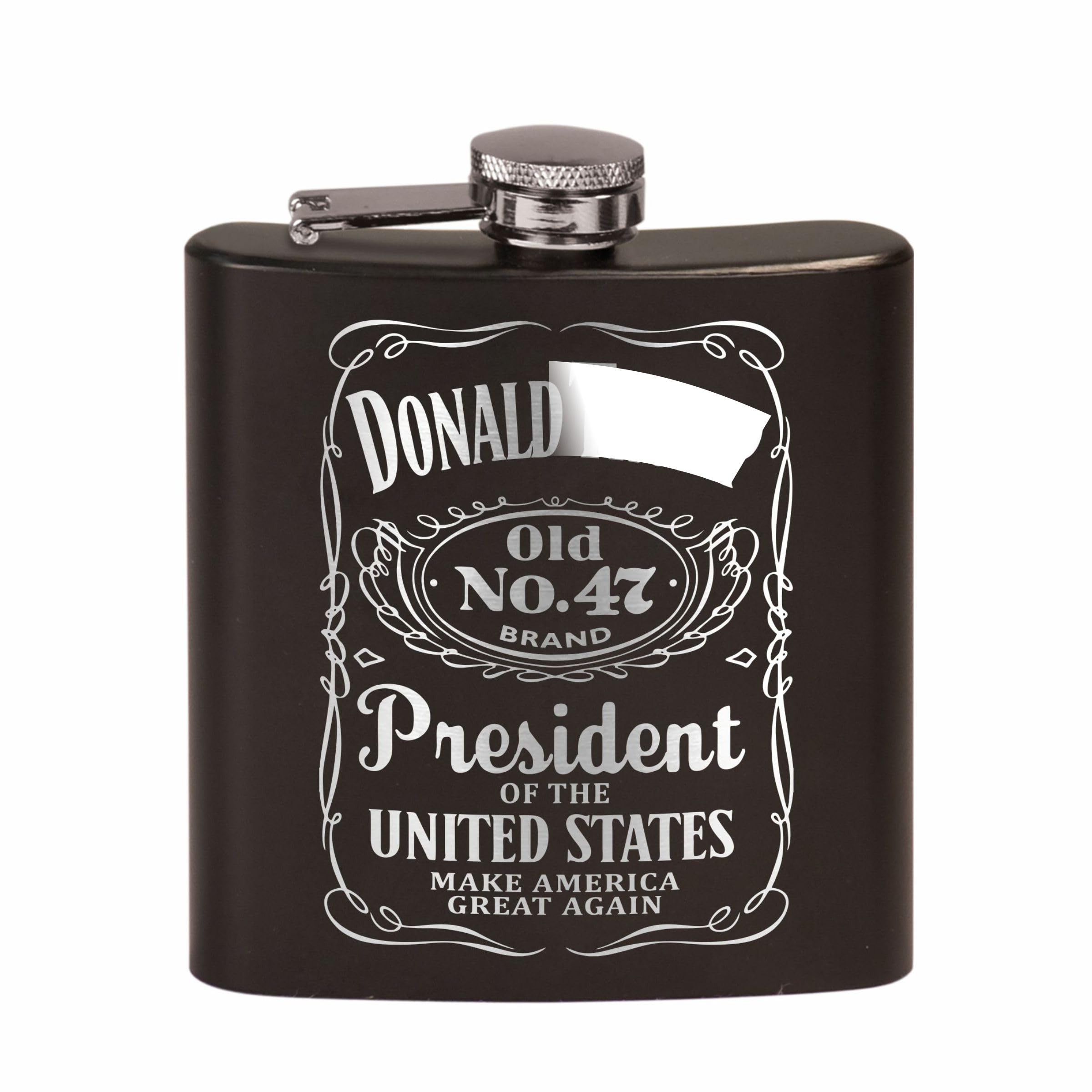 Old No. 47 laser engraved hip flask in black stainless steel 6oz