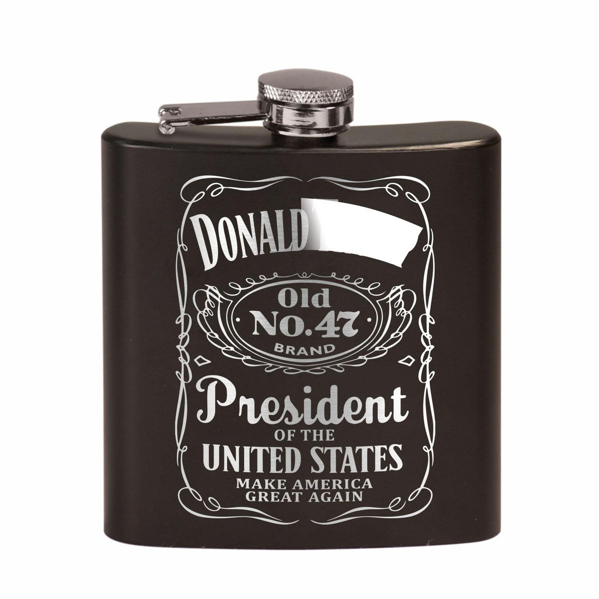 Old No. 47 laser engraved hip flask in black stainless steel 6oz