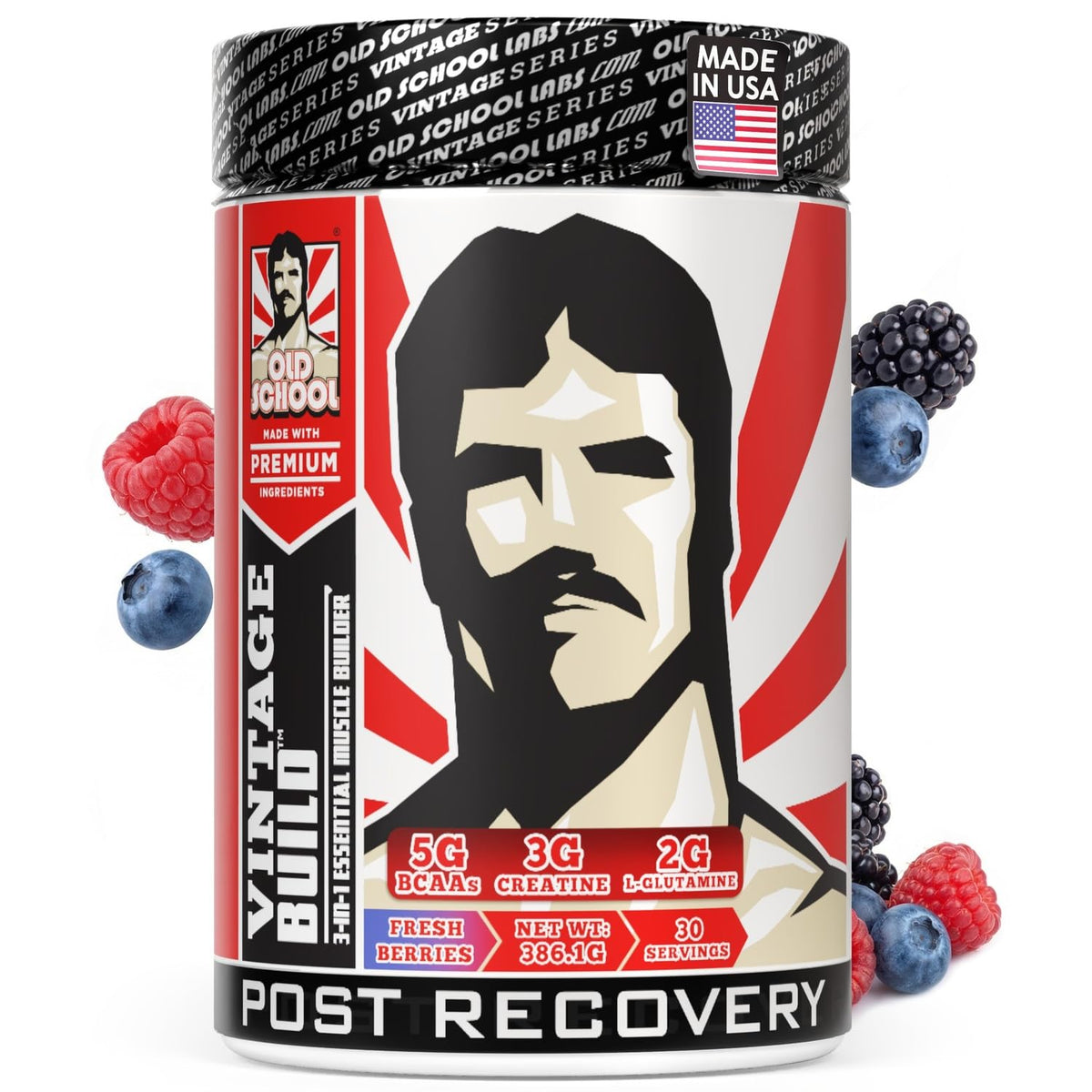 Old School Labs Vintage Build post-workout recovery powder bottle