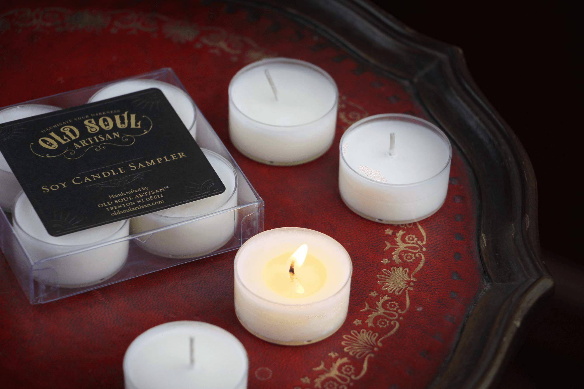 Four tea light candles from Old Soul Artisan in heat resistant containers