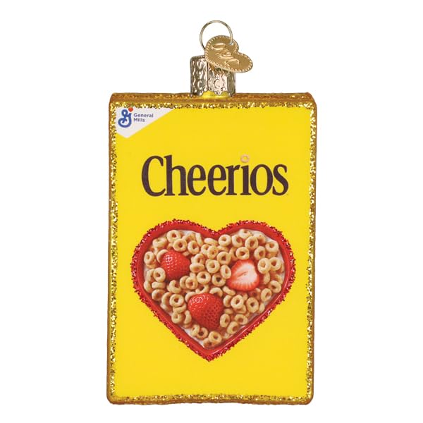 Old World Christmas Cheerios Cereal Box Glass Blown Ornament on Christmas tree