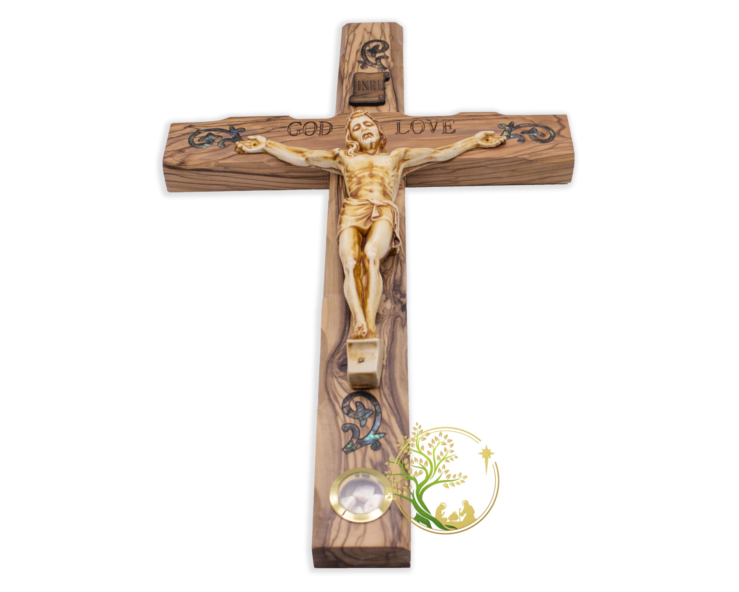 Olive wood Bethlehem crucifix with abalone shell inlay