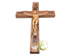 Olive wood Bethlehem crucifix with abalone shell inlay