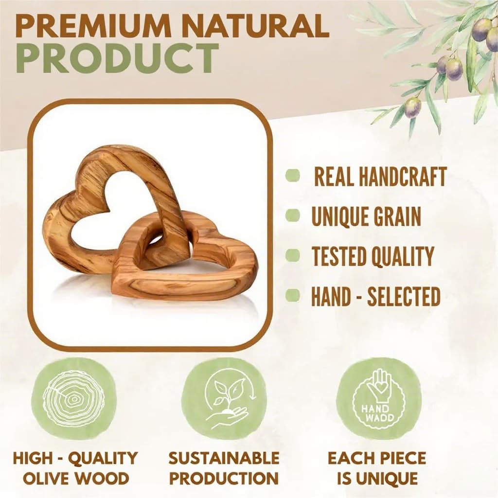 handcrafted olive wood interlocking hearts with natural grain