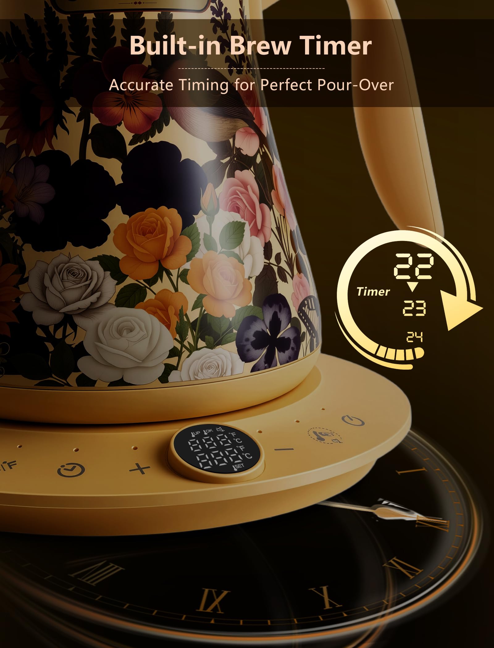 Built-in brew timer with 3-second countdown