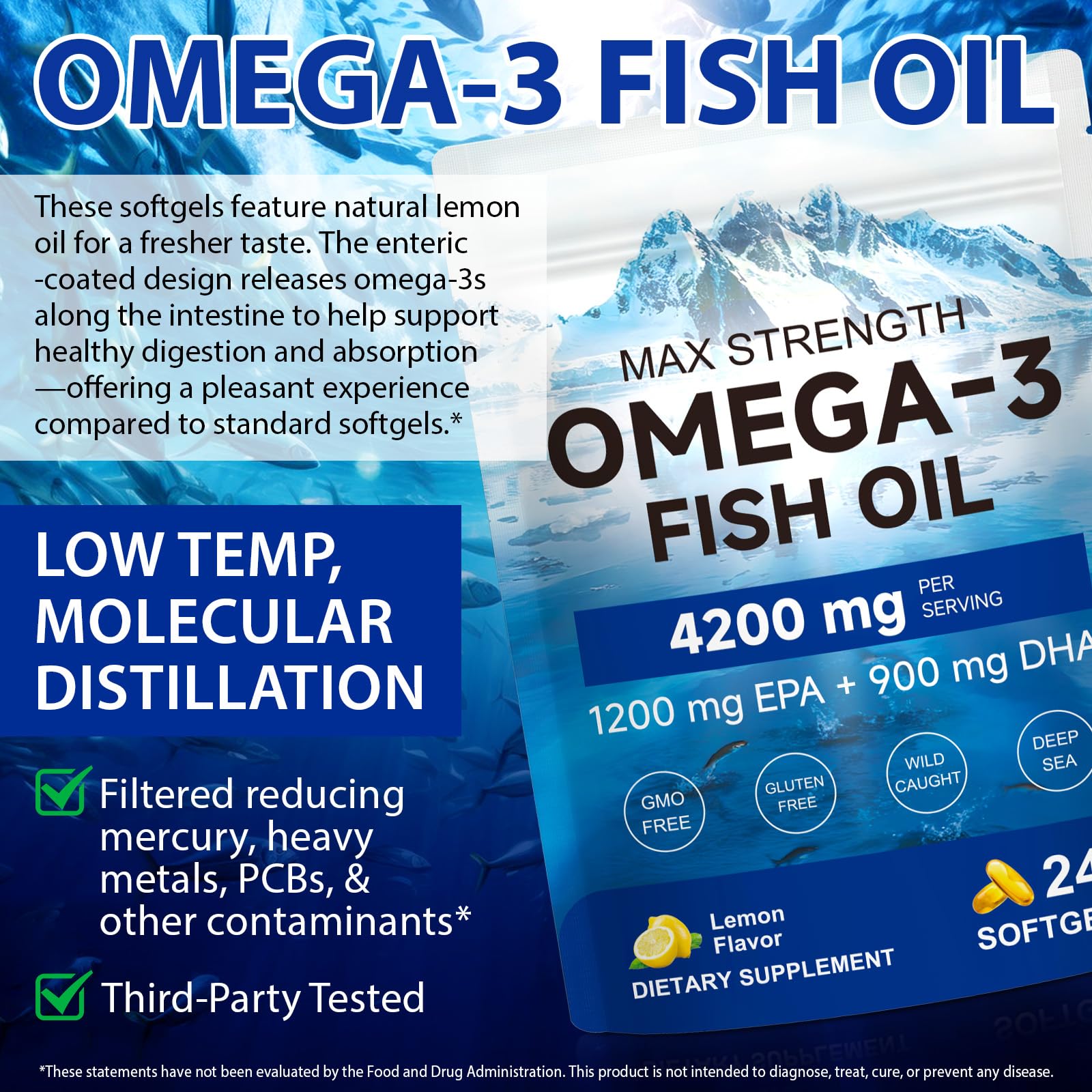 Non-GMO gluten-free Omega 3 fish oil supplement packaging