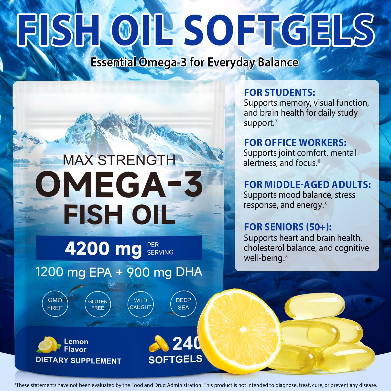 Three softgels per serving Omega 3 fish oil bottle