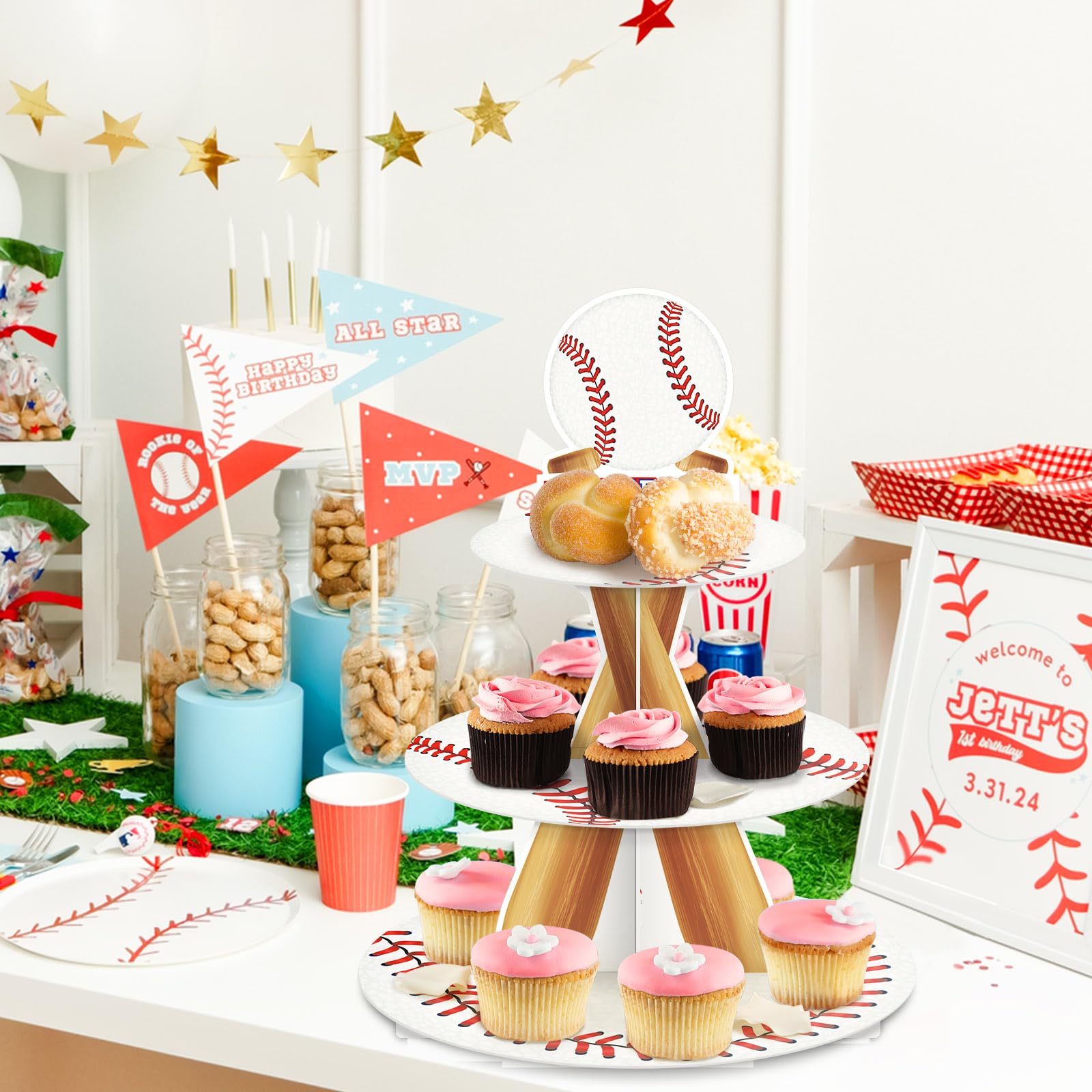 Omgouue baseball cupcake stand 3 tier front view