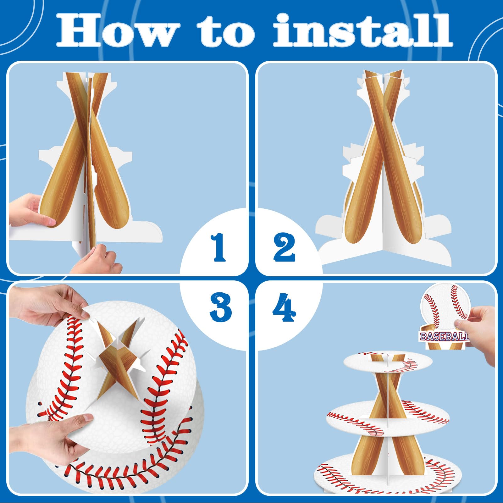 Assembled baseball cupcake stand on party dessert display