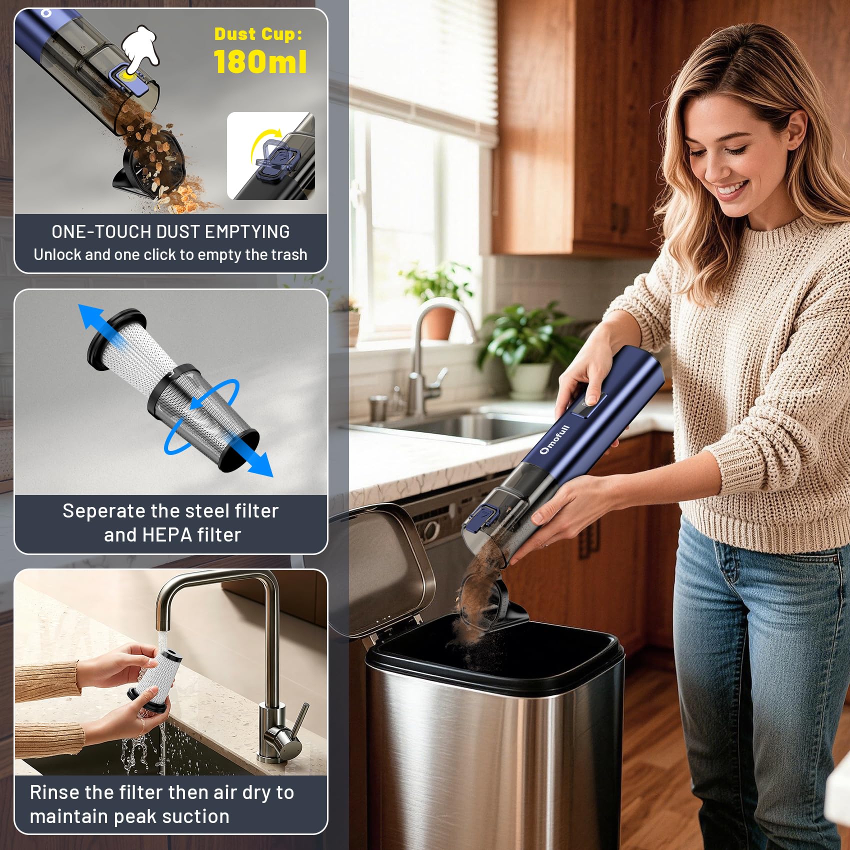 Accessories include hose, nozzles and floor brush