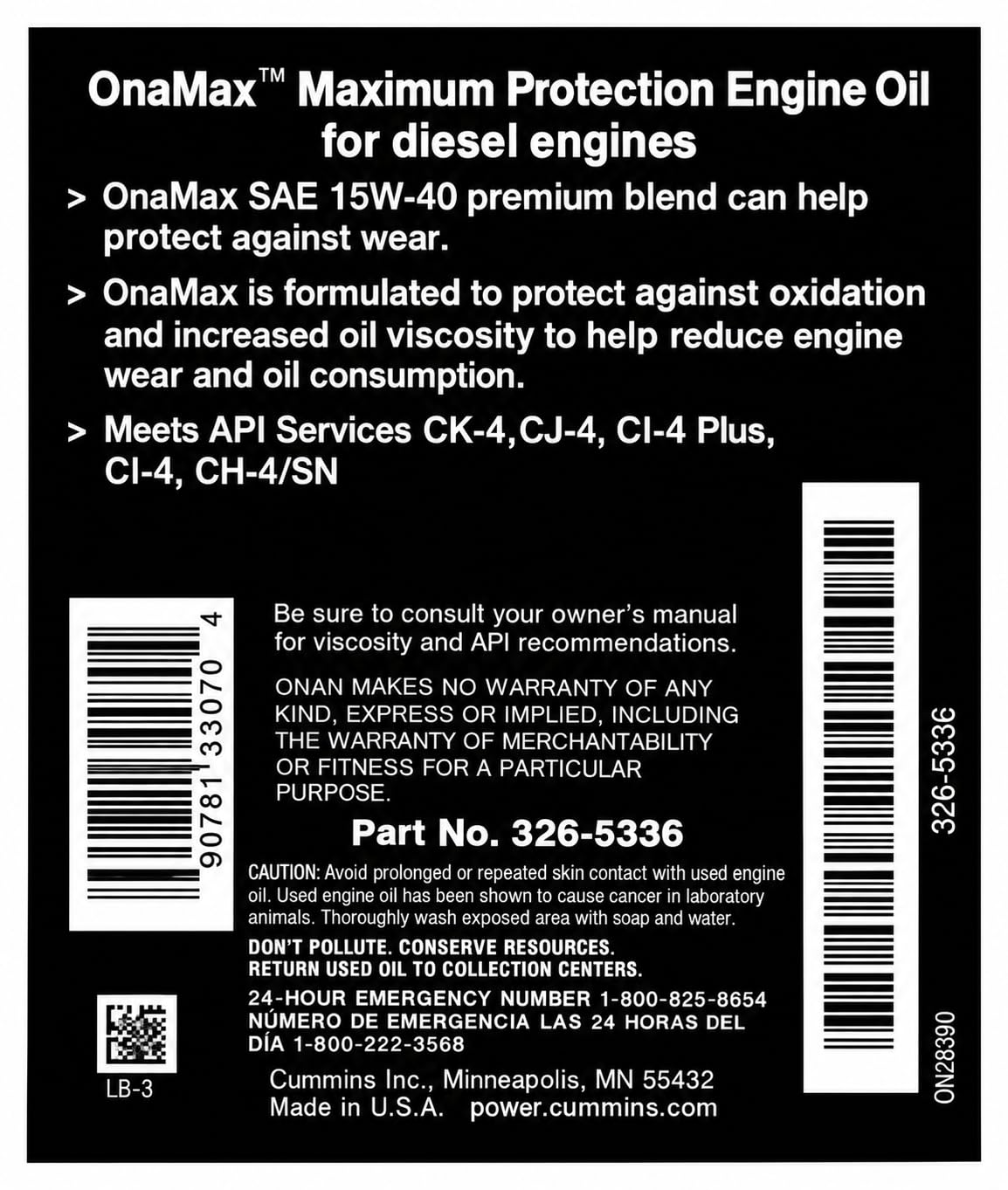 Cummins Onan OnaMax oil for gensets