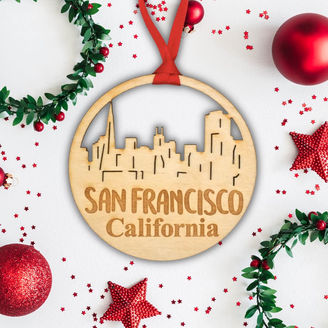Handmade wooden ornament featuring San Francisco skyline