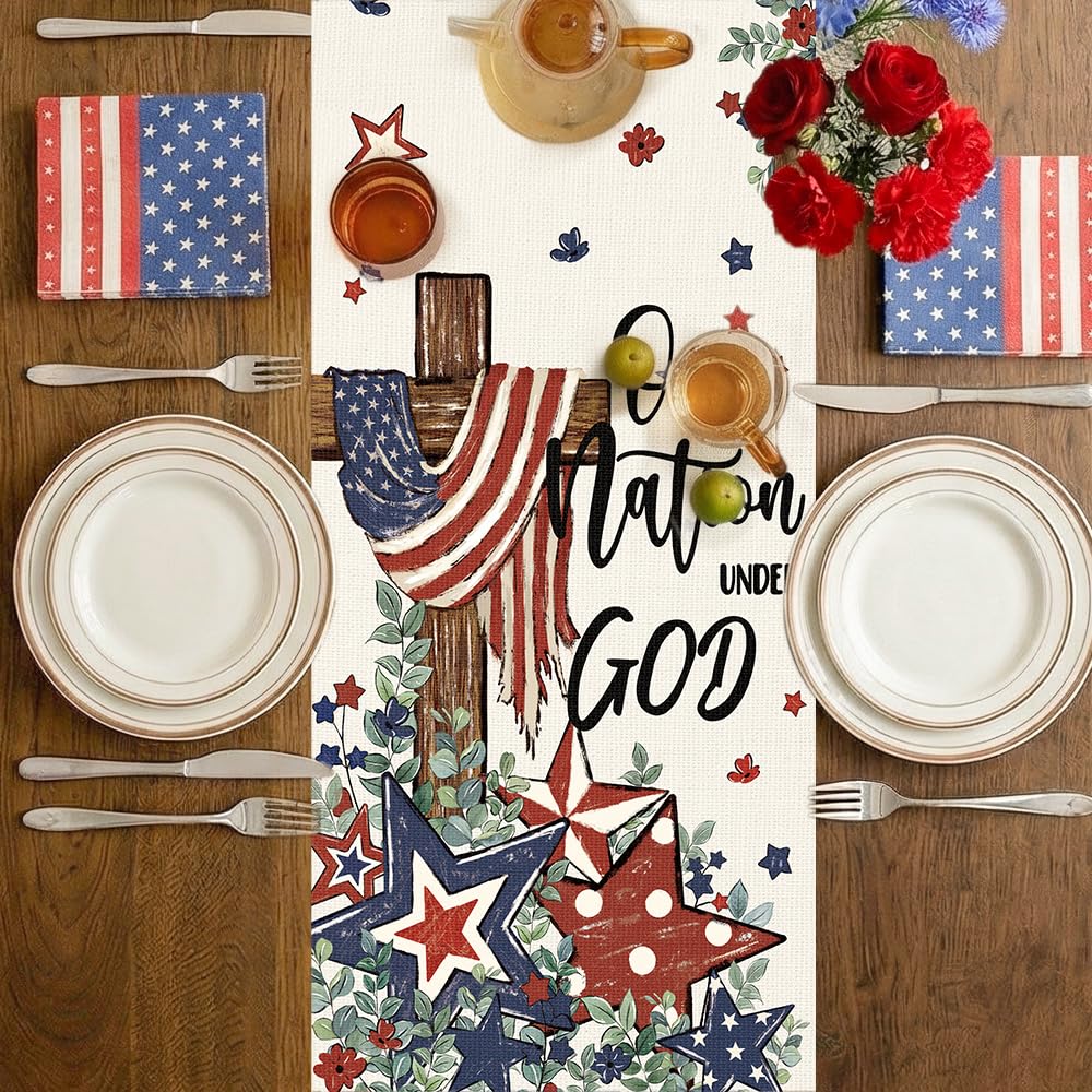 One Nation Under GOD motif on patriotic table runner