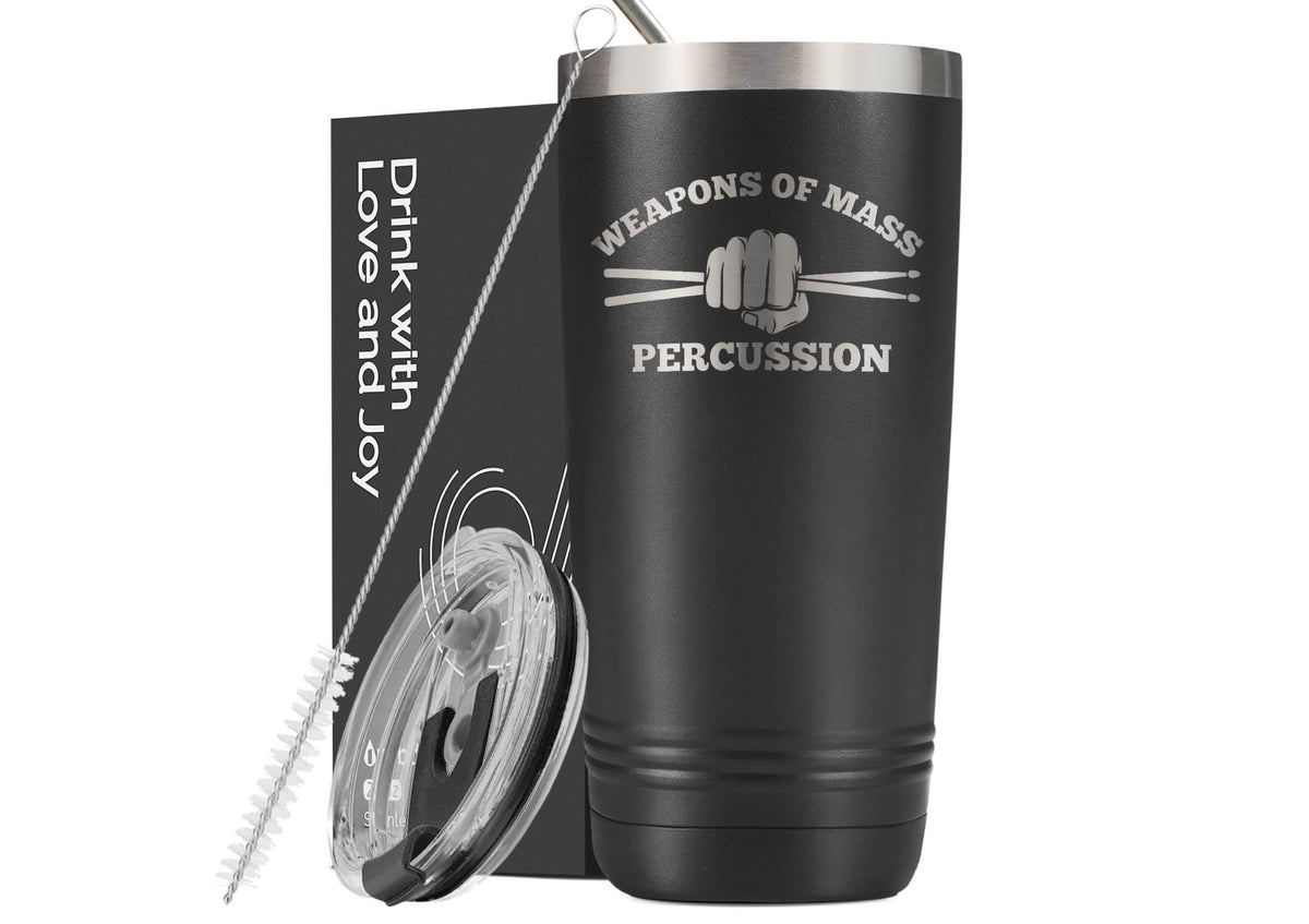 Onebttl drum gear tumbler with Weapons of Mass Percussion quote