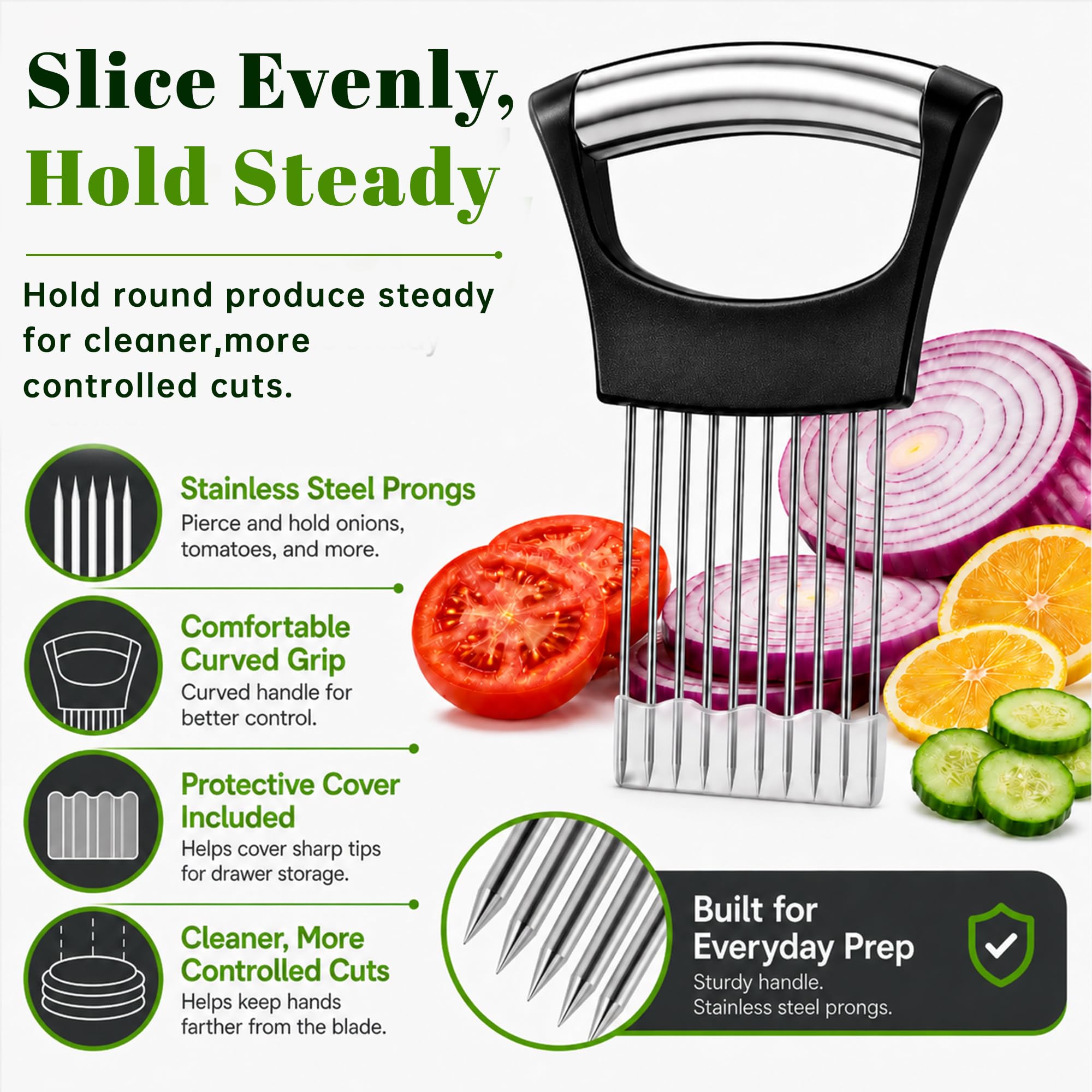 Stainless steel prongs gripping onion held in slicer