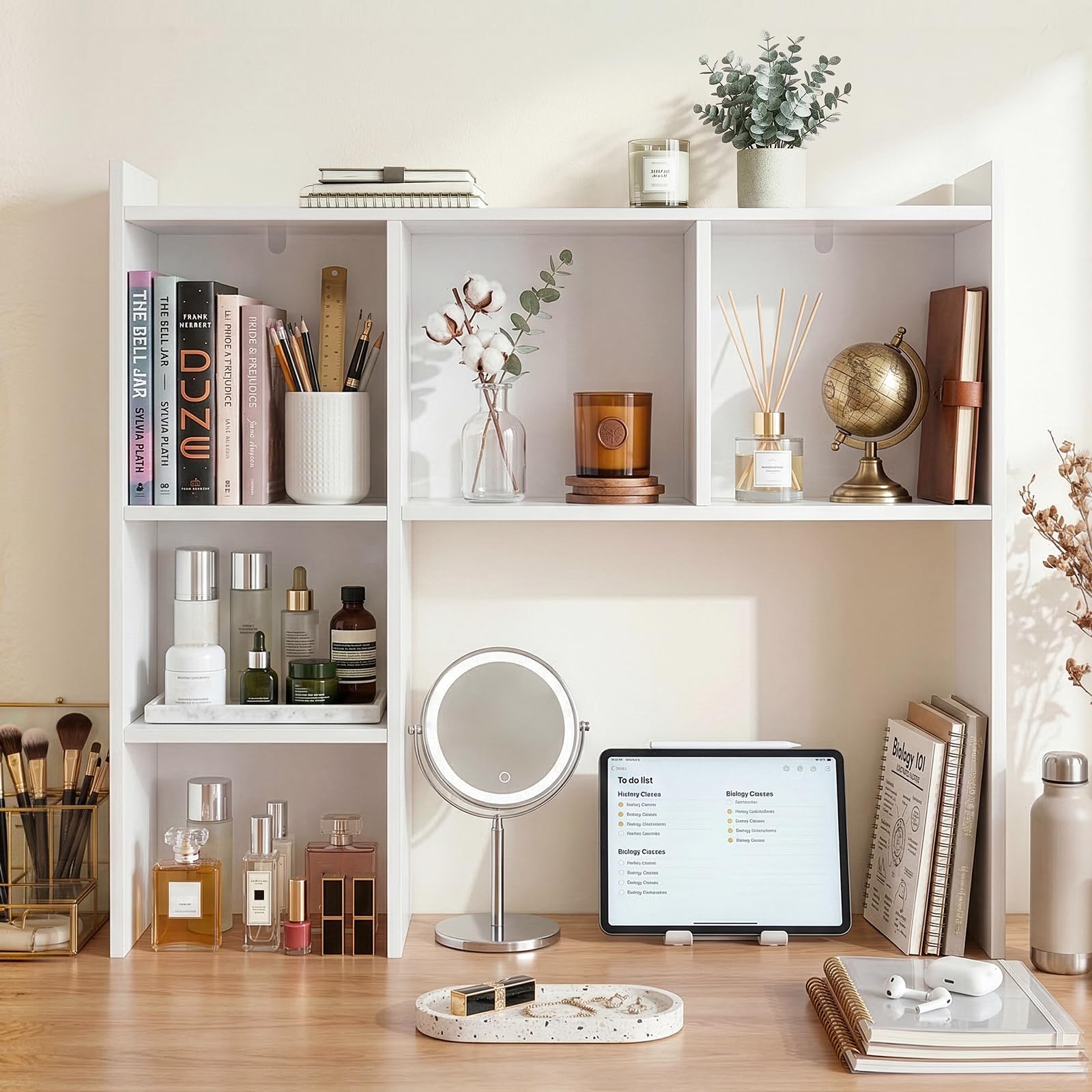 Office and dorm friendly white desk hutch storage