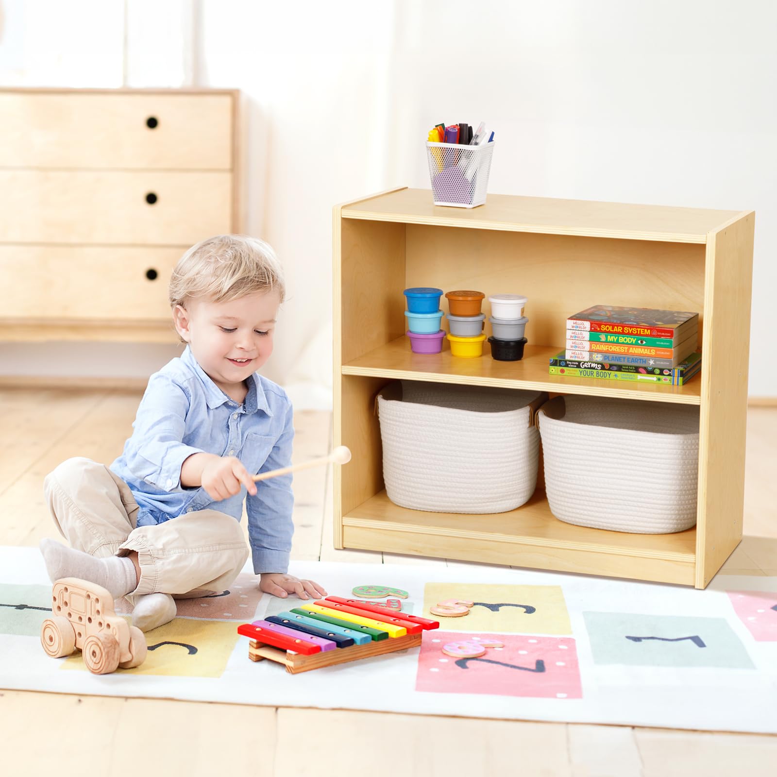Smooth lacquer finish on toddler shelf for easy cleaning