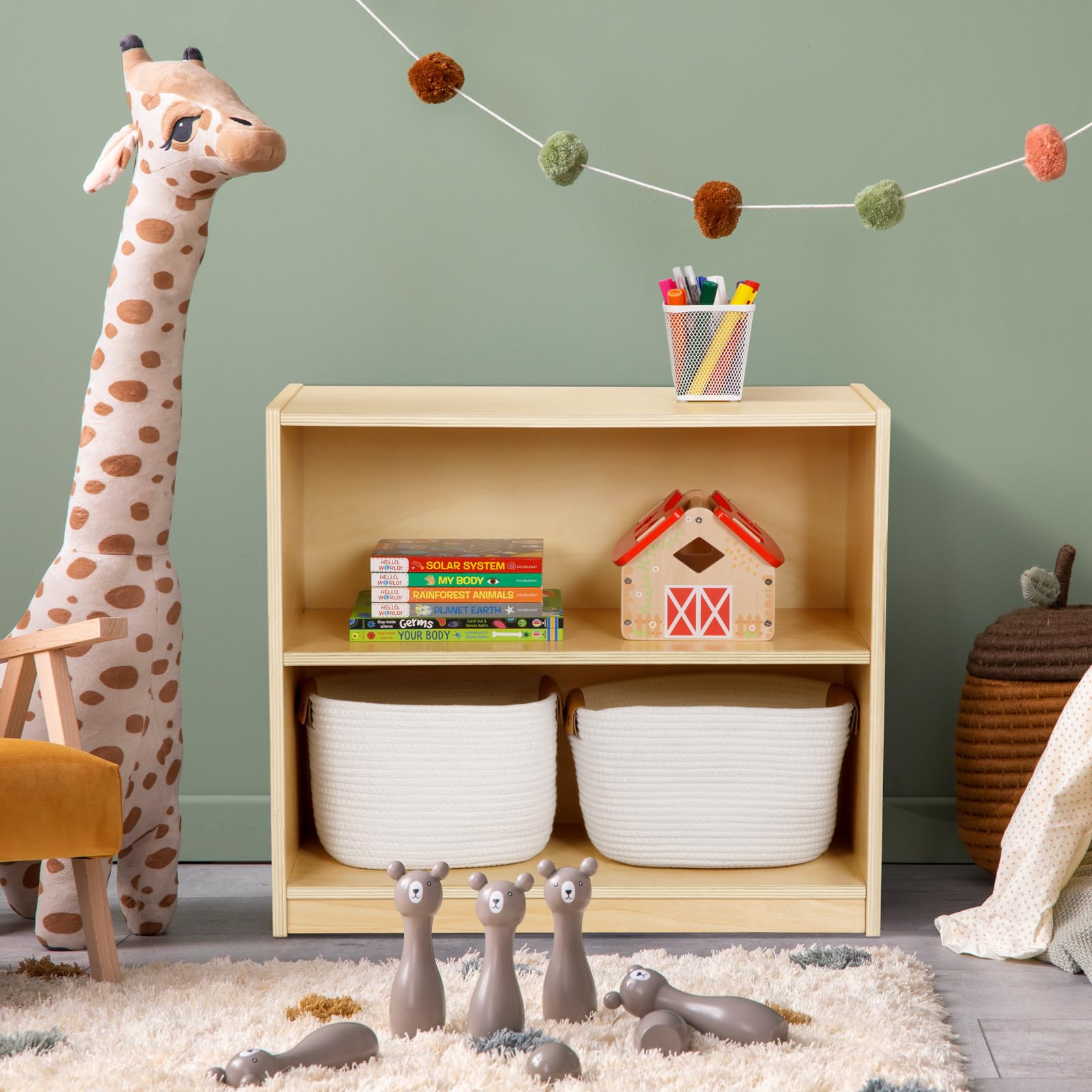 Top display area on 2-tier shelf for photos