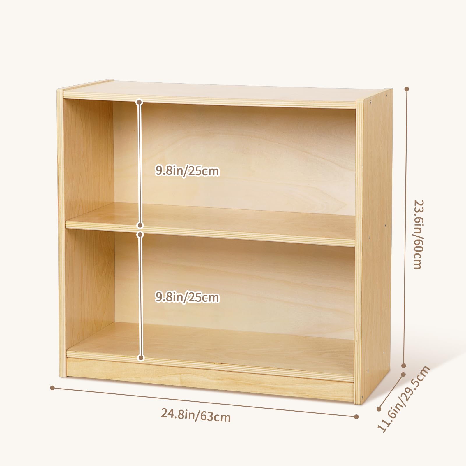 Wooden Montessori shelf with rounded edges for safety
