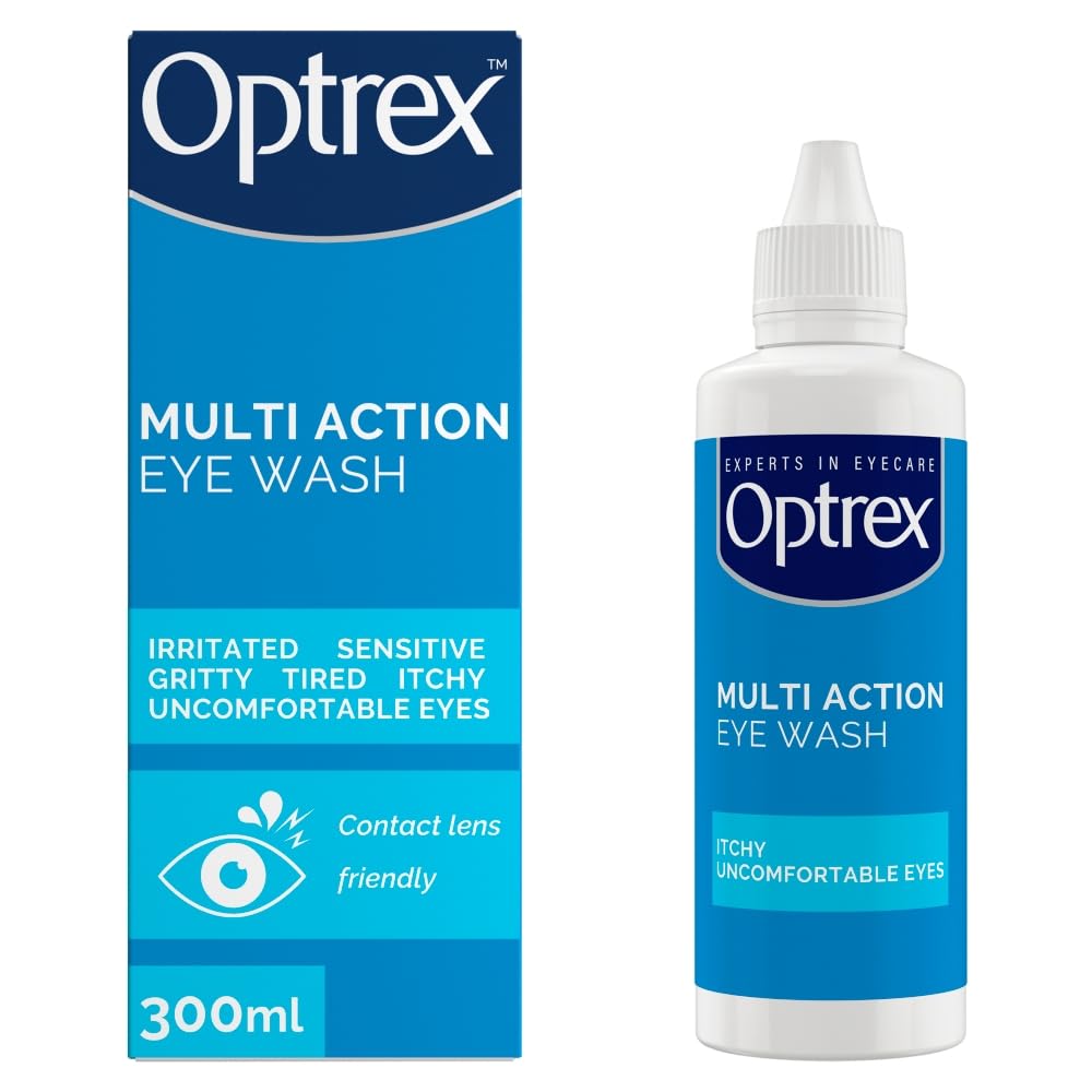 Optrex Multiaction Eye Wash with Eye Bath 300ml bottle side view