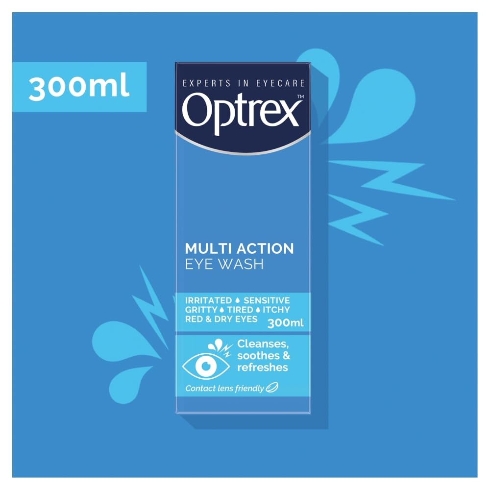 Optrex Multiaction Eye Wash with Eye Bath 300ml packaging on white background