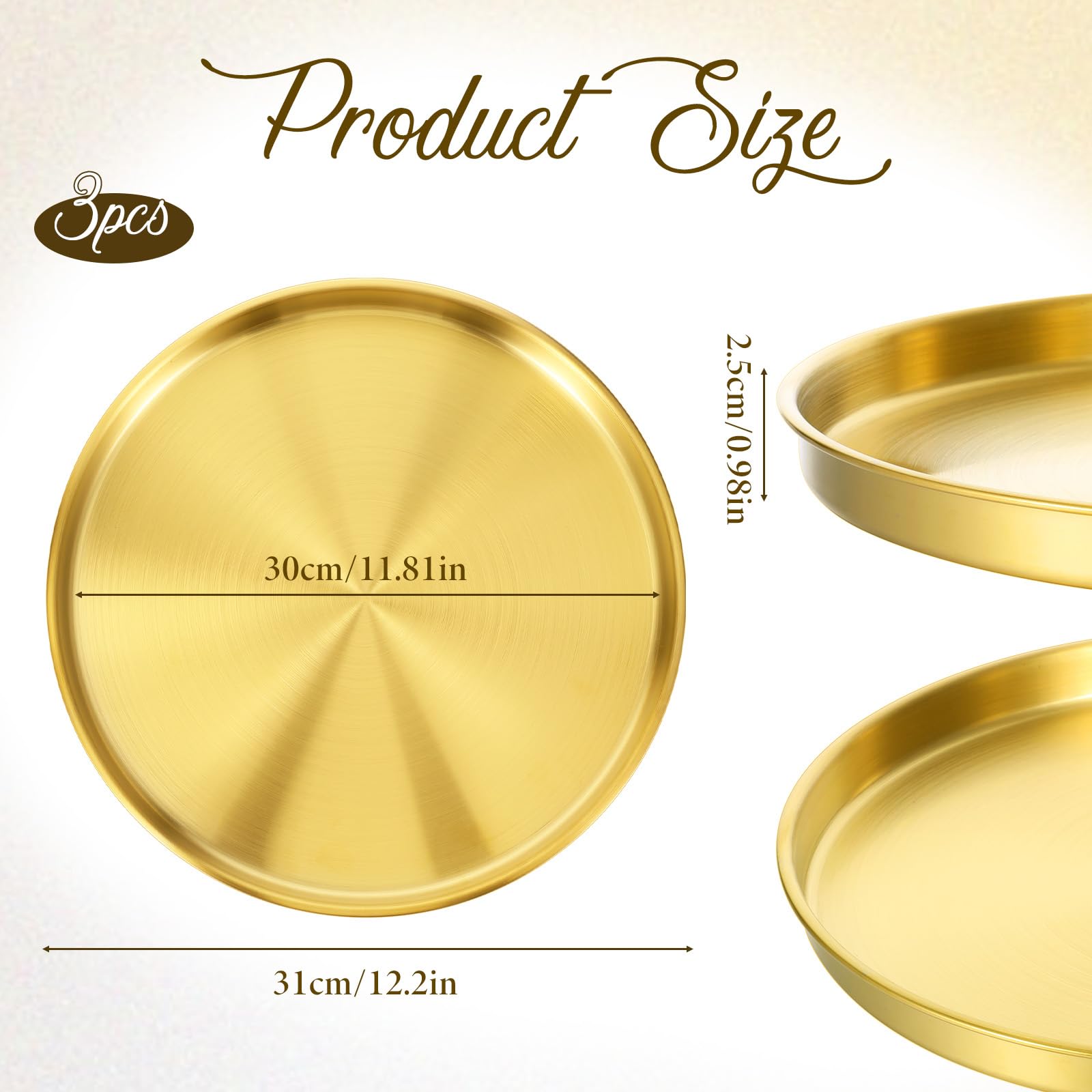 Oqqlin 3 Pcs Gold Round Tray inner diameter 30 cm 11.81 in