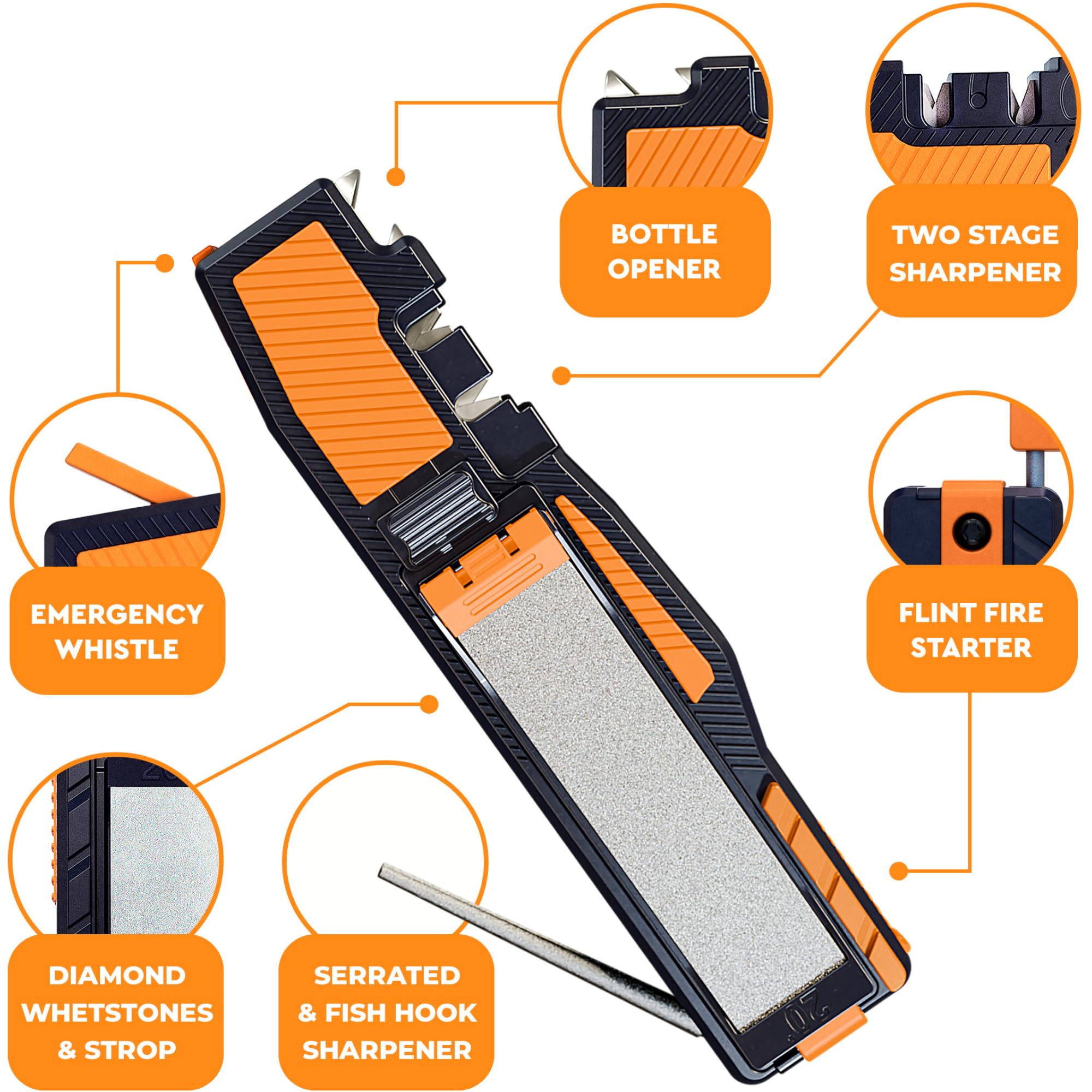 Orange Ninja 8-in-1 survival tool with sharpening features