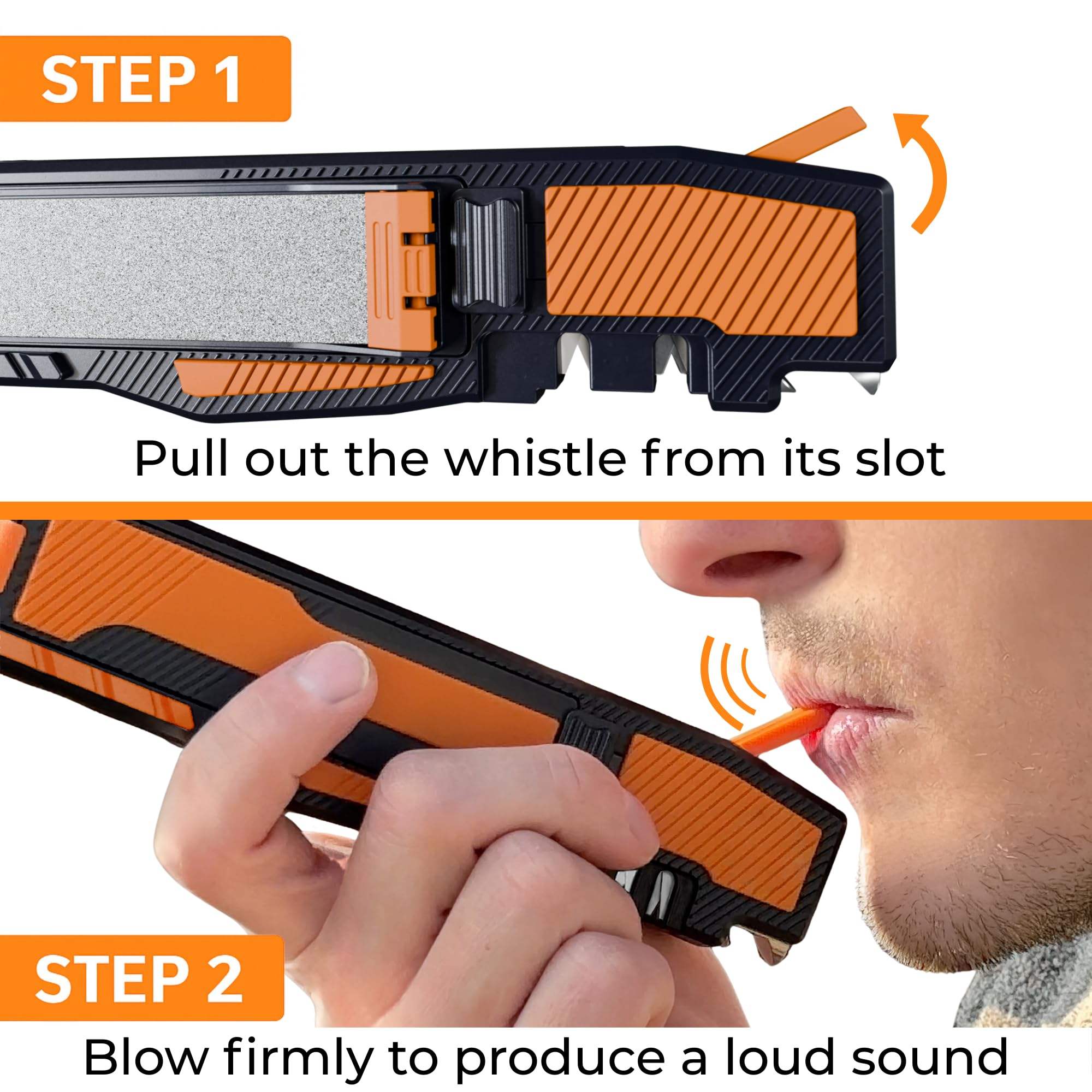 Orange Ninja emergency whistle included with sharpener