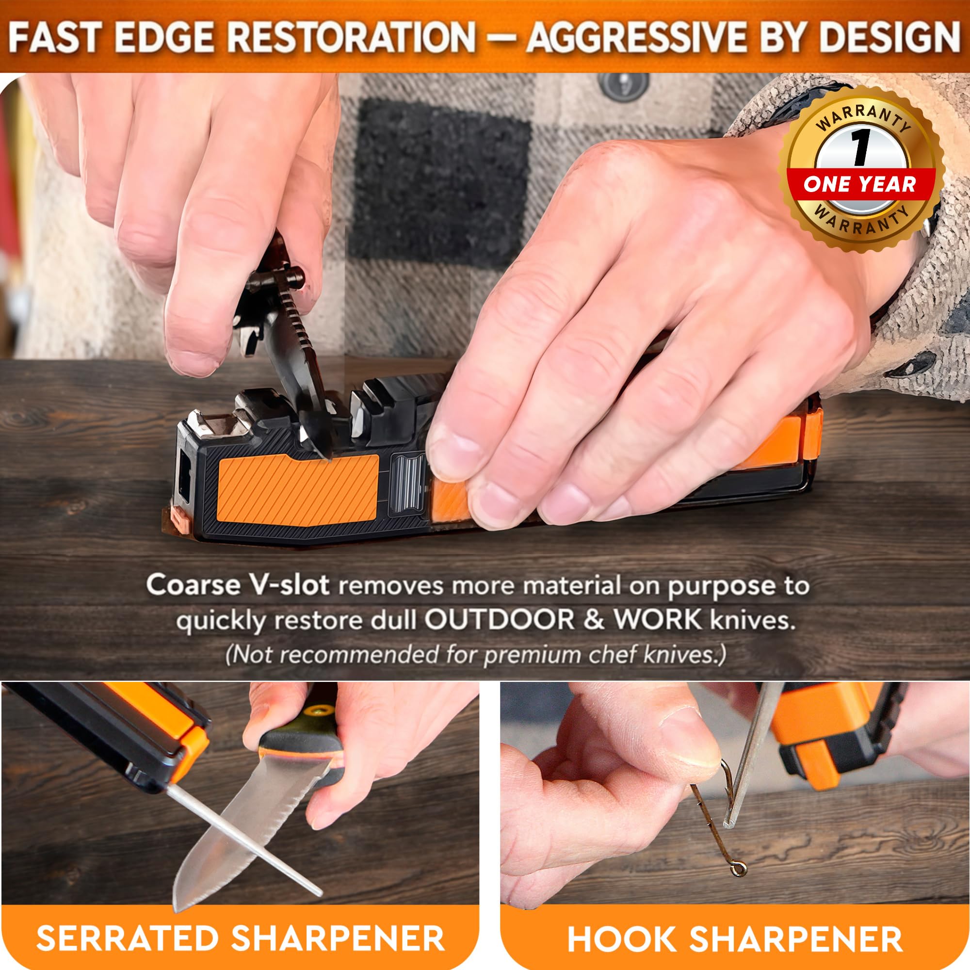 Orange Ninja fire starter integrated in 8-in-1 sharpener