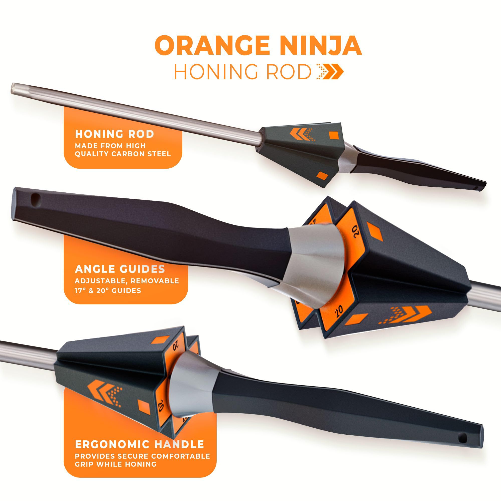 Detachable 17 degree and 20 degree guides on Orange Ninja honing rod