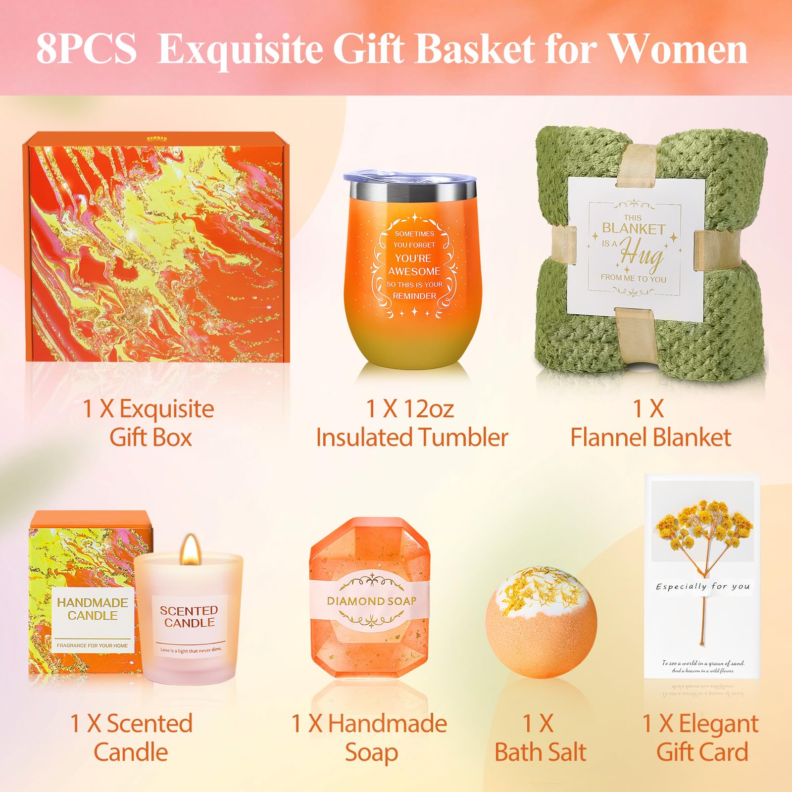 Orange spa gift basket with seven high-quality items