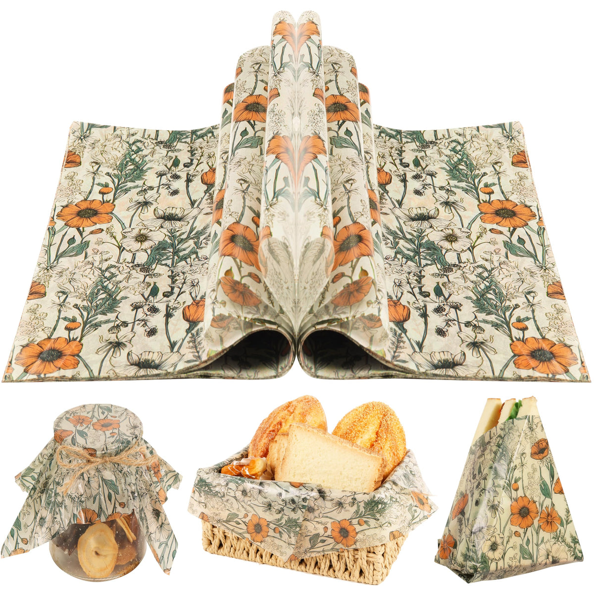 Orange Wildflower Garden Floral Wax Paper sheet with deli design