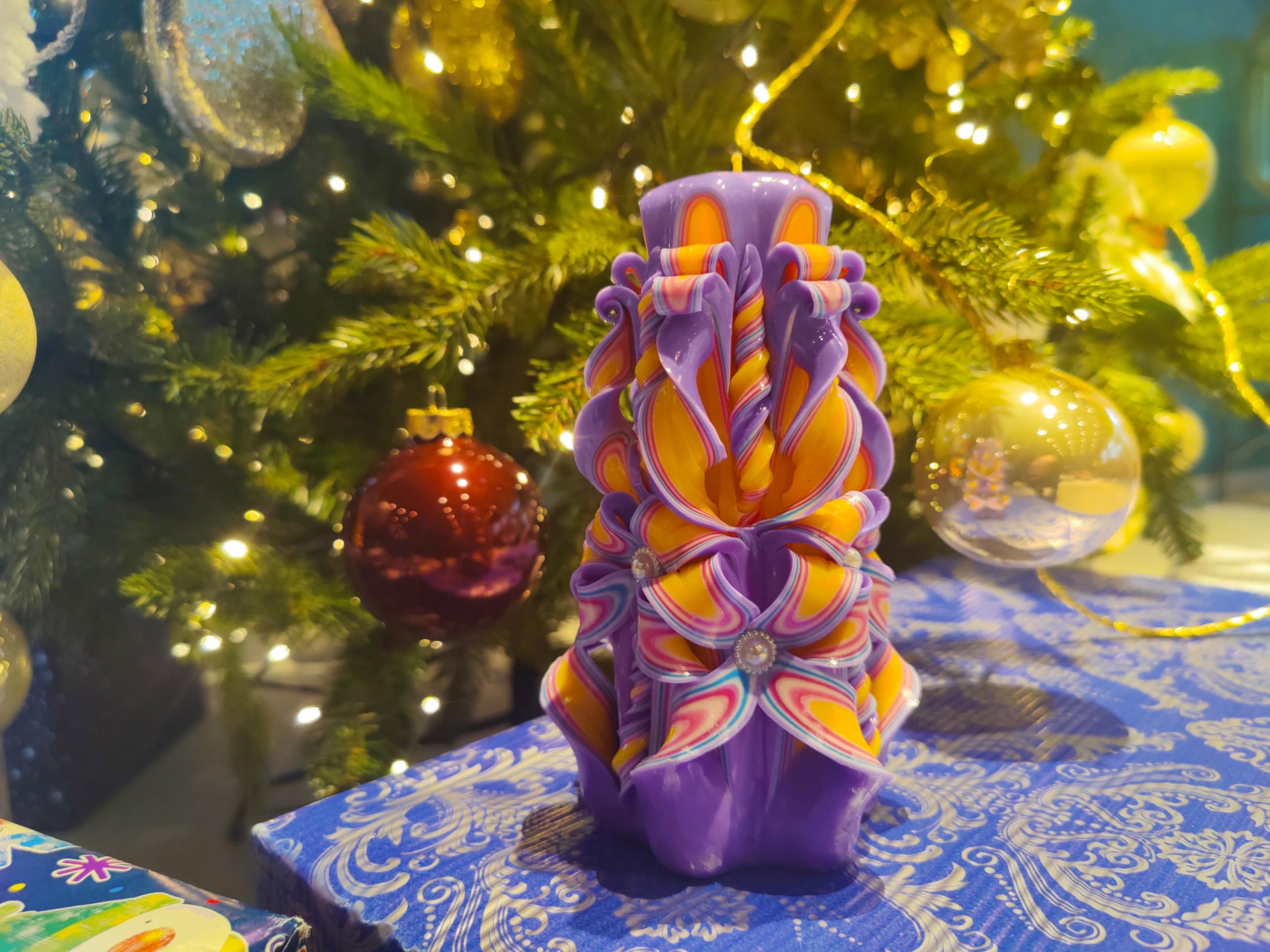 Ordagio Handmade Carved Candle Violet Yellow gift idea for her 6.3 inch