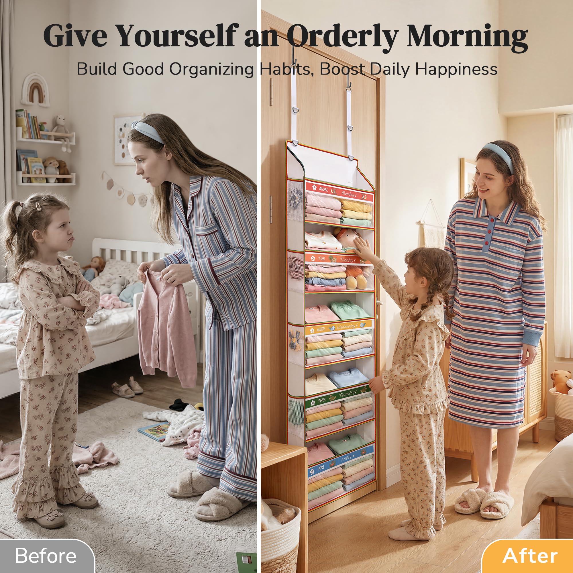 Five deep pockets for weekly outfits and diapers