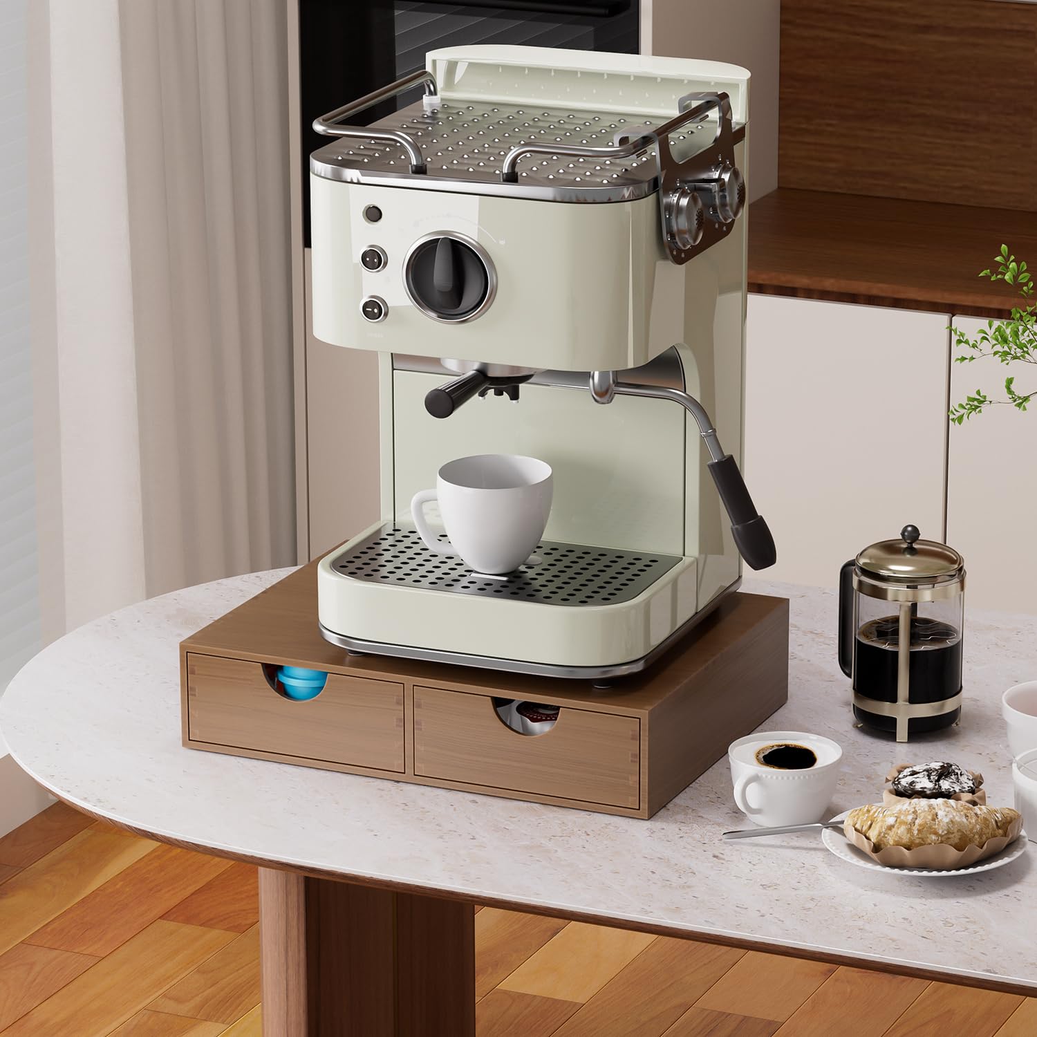 30 pod capacity organizer shown with coffee pods on counter