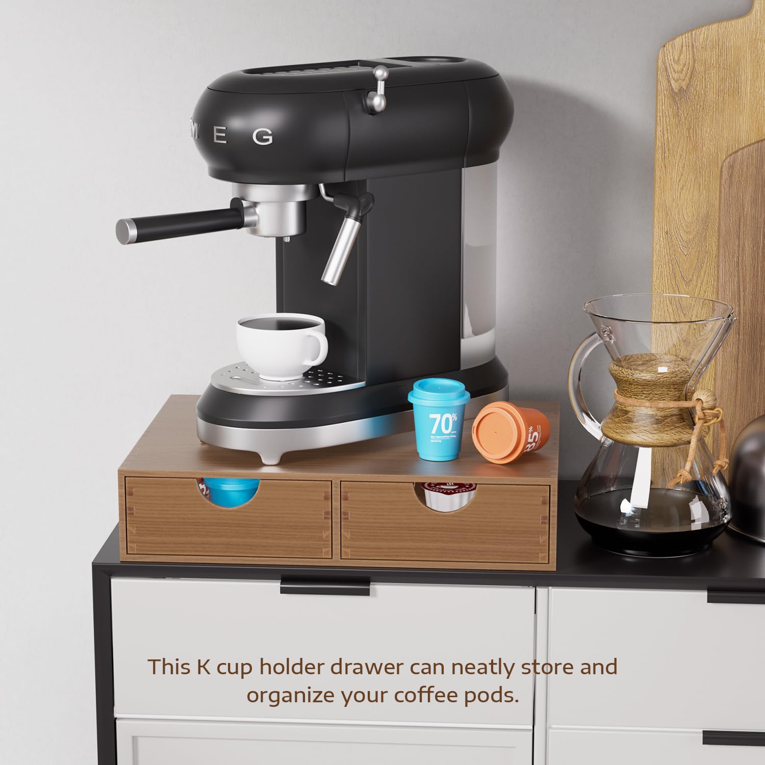 Two independent smooth-glide drawers for regular and decaf pods