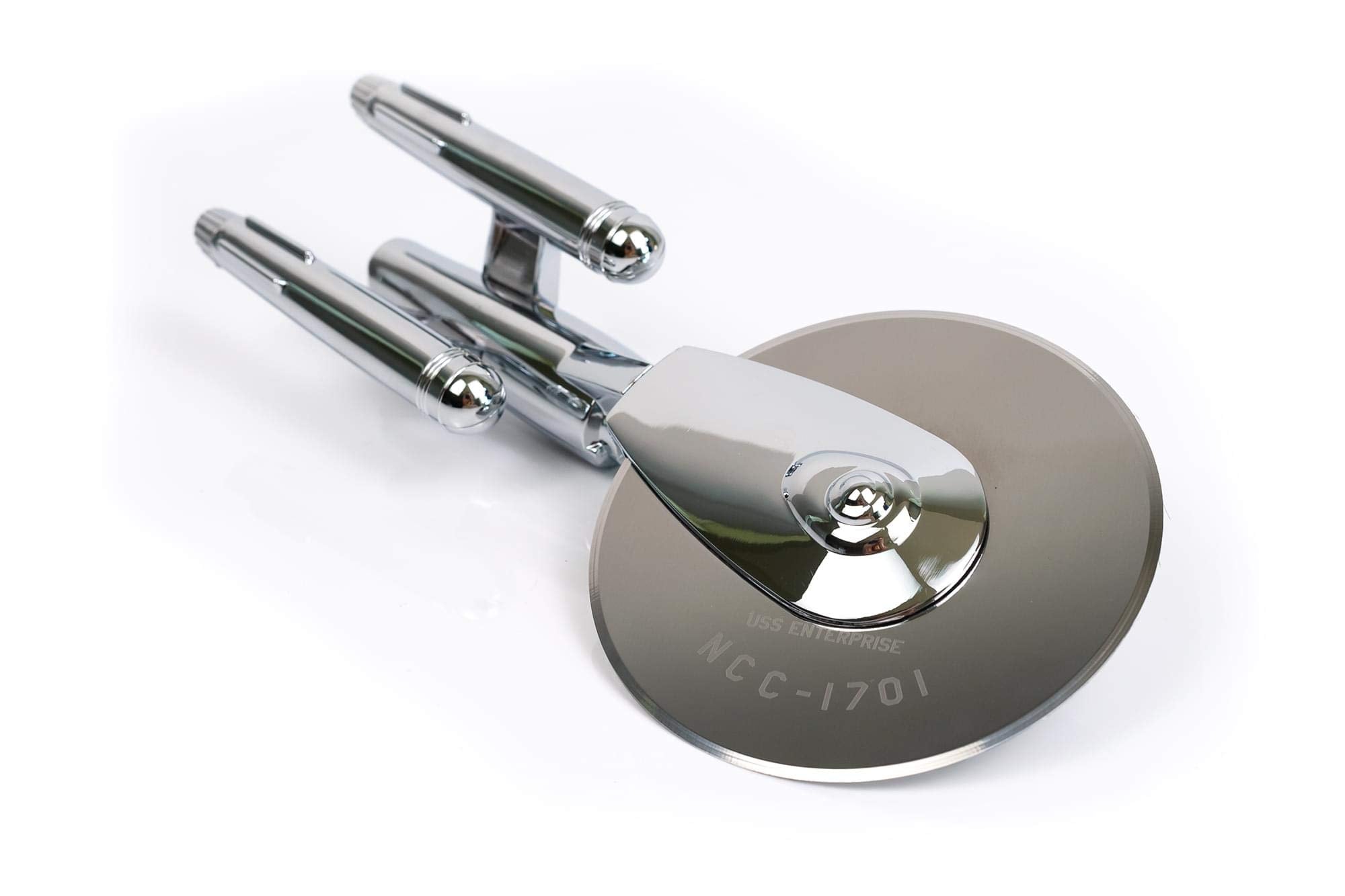 Stainless steel pizza cutter with metallic finish and secure grip