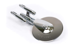 Stainless steel pizza cutter with metallic finish and secure grip