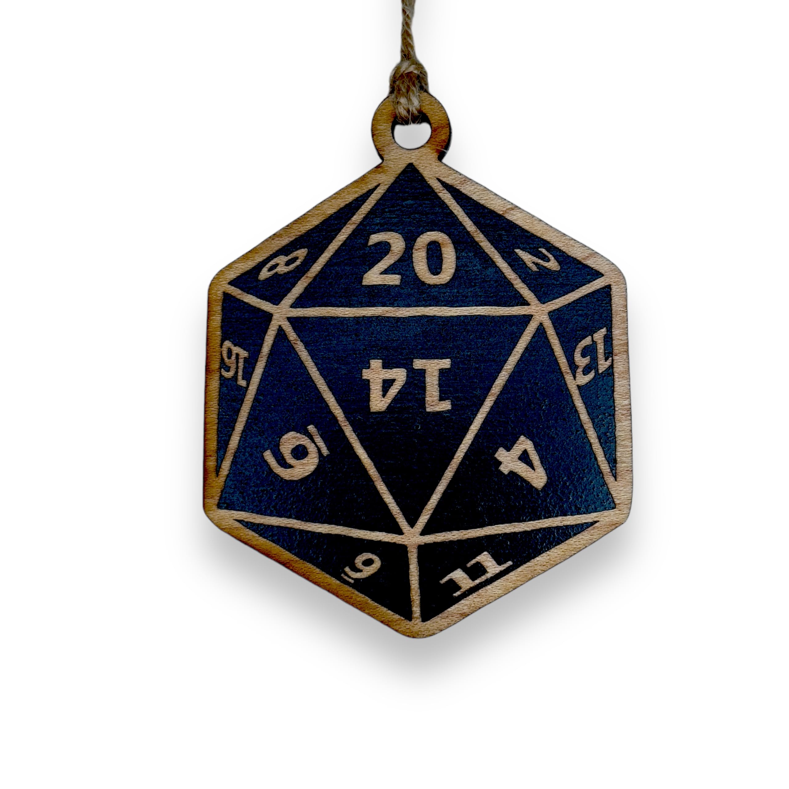 Ornament 20 sided dice black painted raw wood close up
