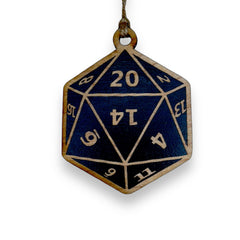 Ornament 20 sided dice black painted raw wood close up