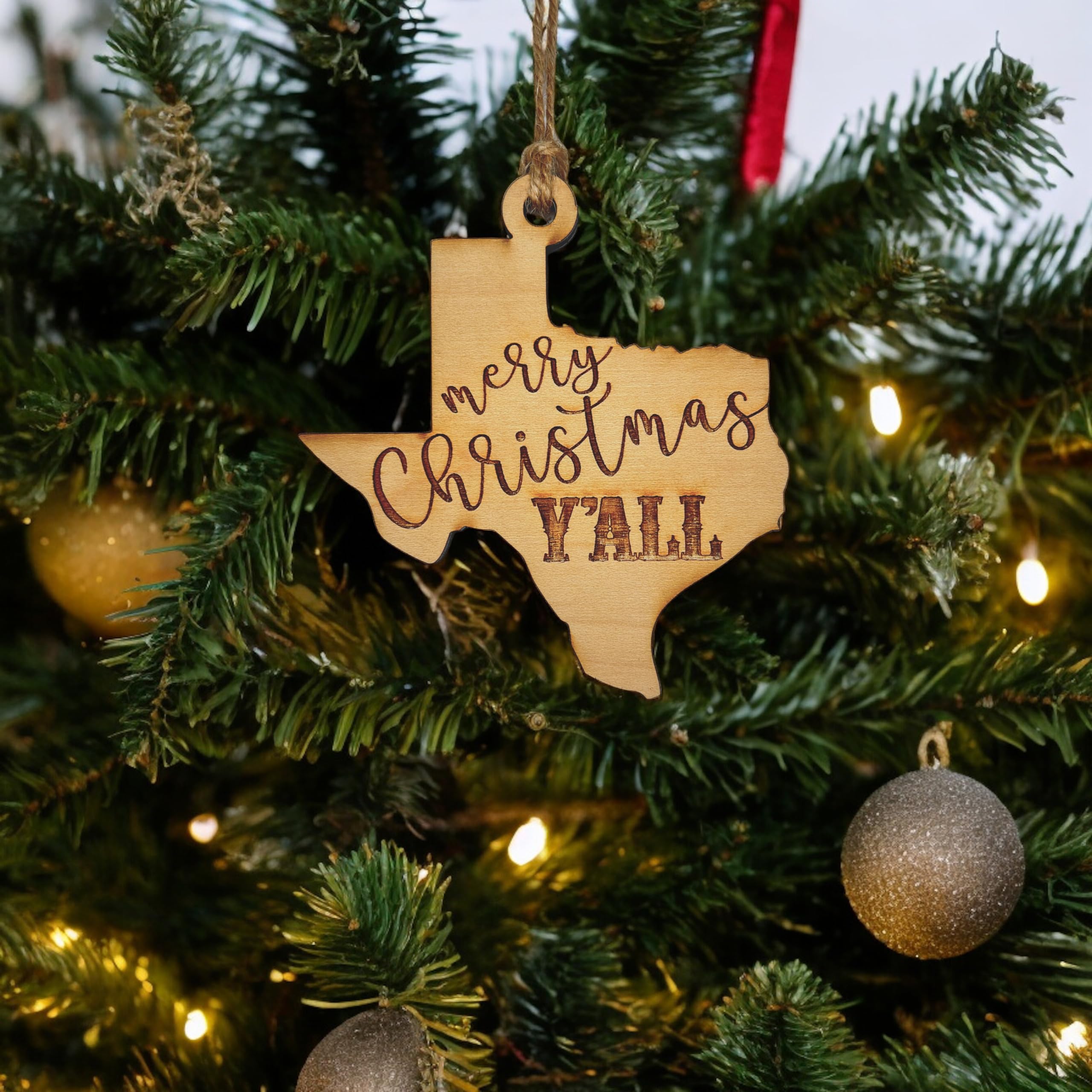 Raw wood ornament Merry Christmas Y'all 3x3in material texture