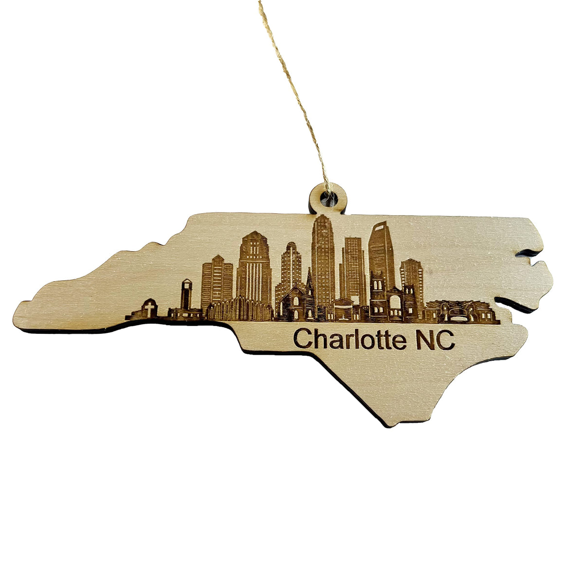 Ornament Charlotte NC Skyline with raw maple wood finish