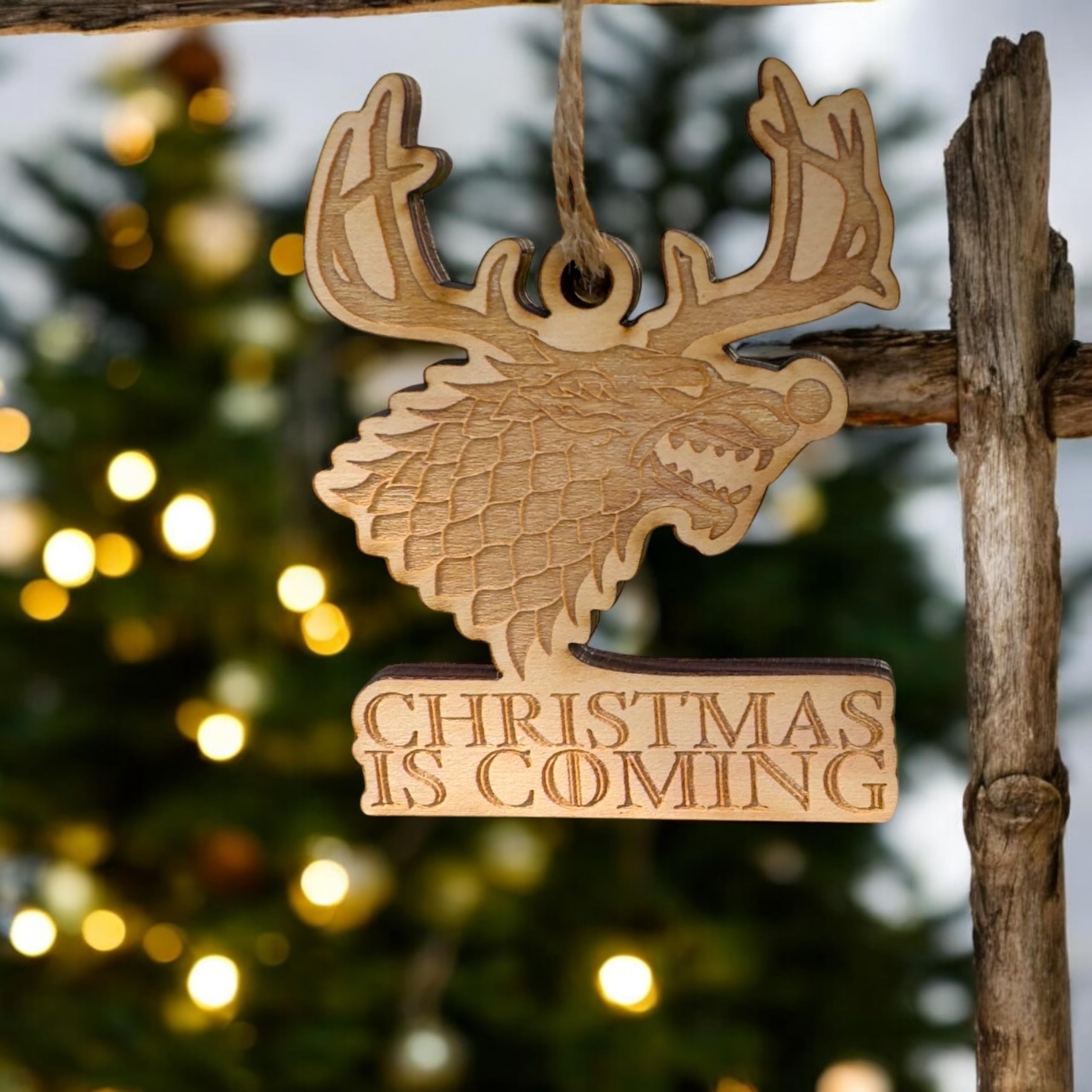 Ornament Christmas is Coming Raw Wood 4x3in 1/4 inch thick