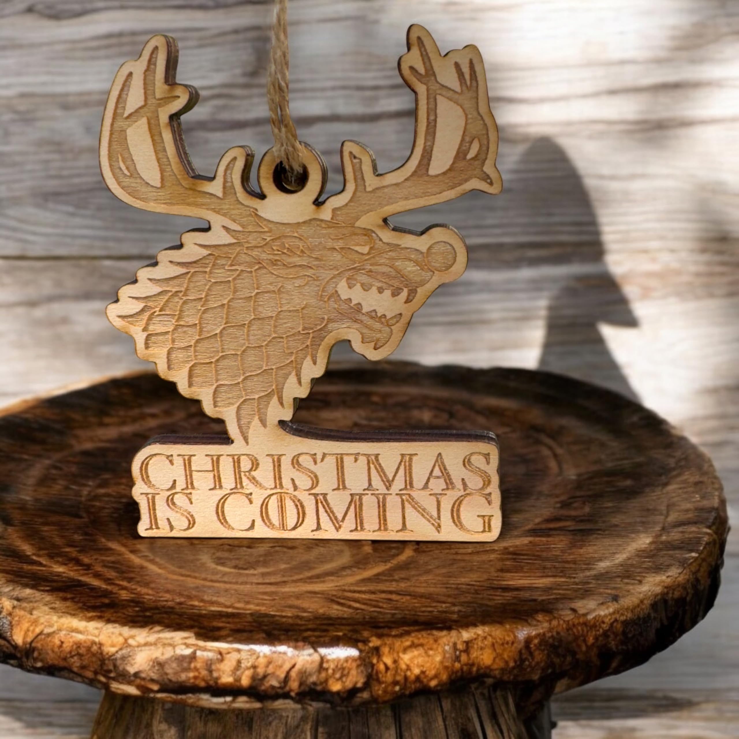 Ornament Christmas is Coming Raw Wood 4x3in Maple 1/4 inch thick Made in Texas