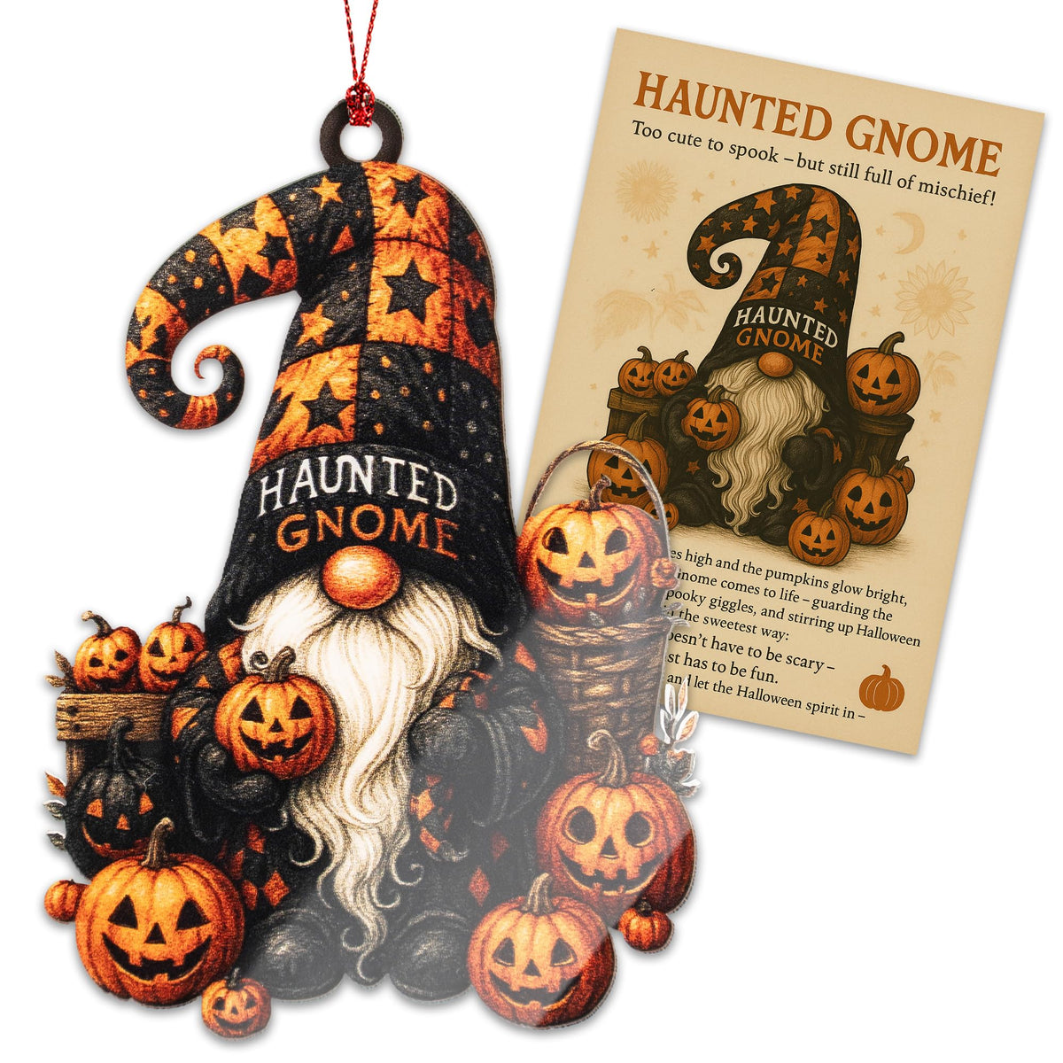 Ornament Haunted Gnome with pumpkin jack-o-lantern design